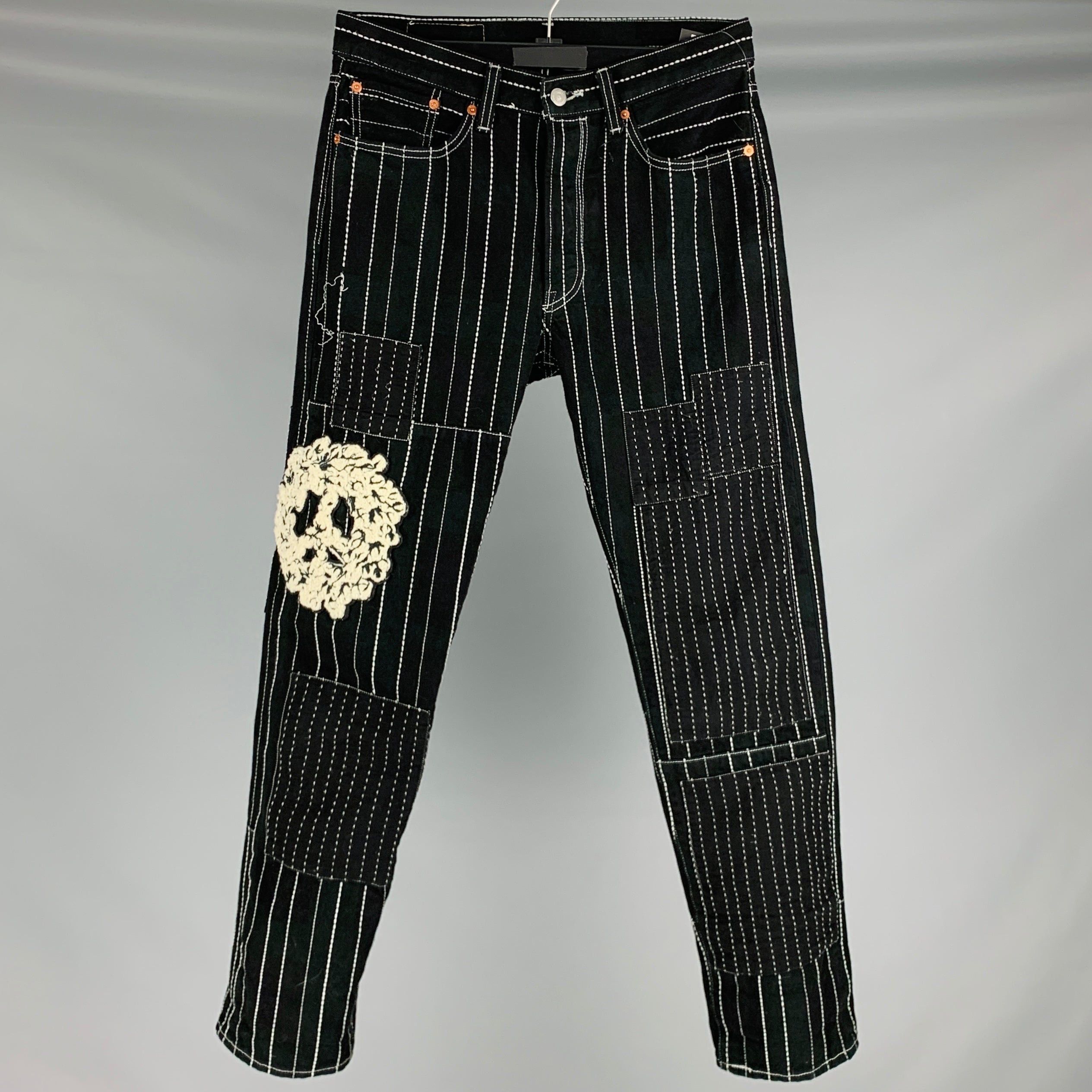 image of Levis Black White Patches Cotton Embroidered Jeans, Men's (Size 32)