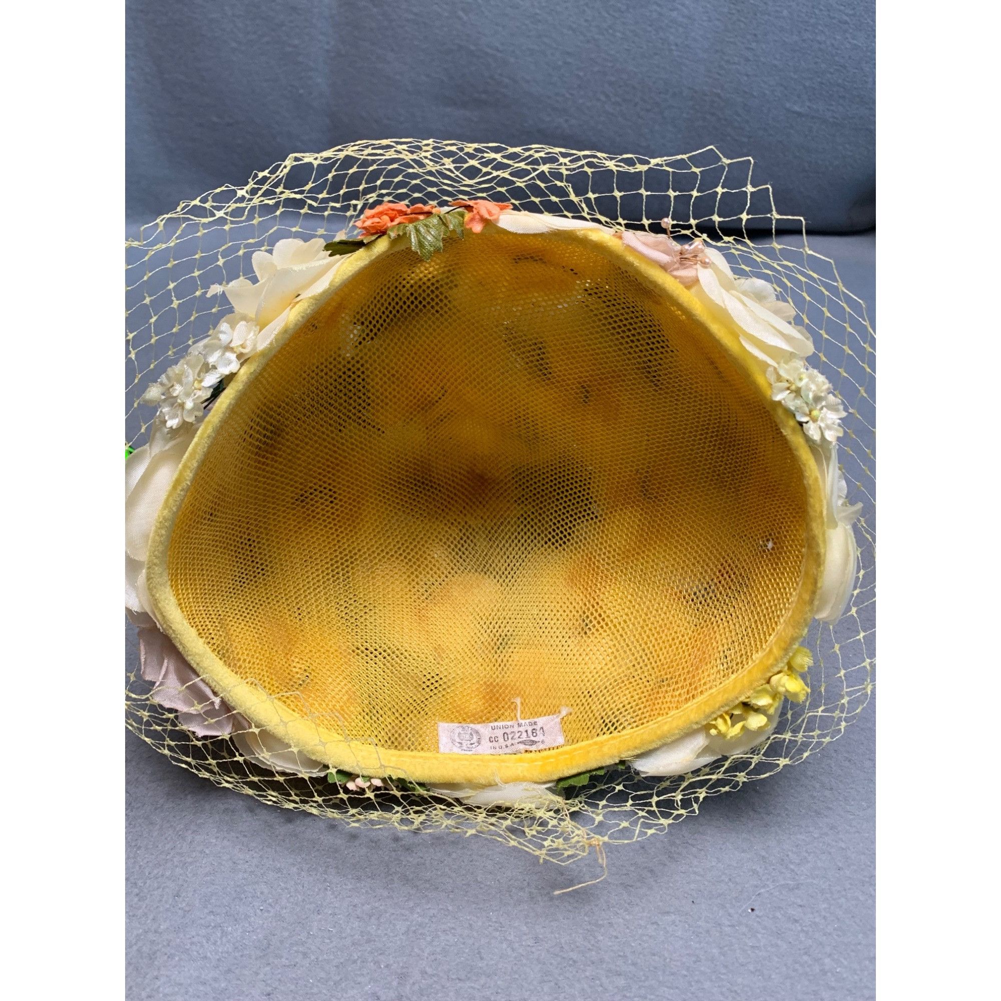 Other Vintage 1950s Floral Net Hat with Yellow Veil Union Made 23" Size ONE SIZE - 4 Thumbnail