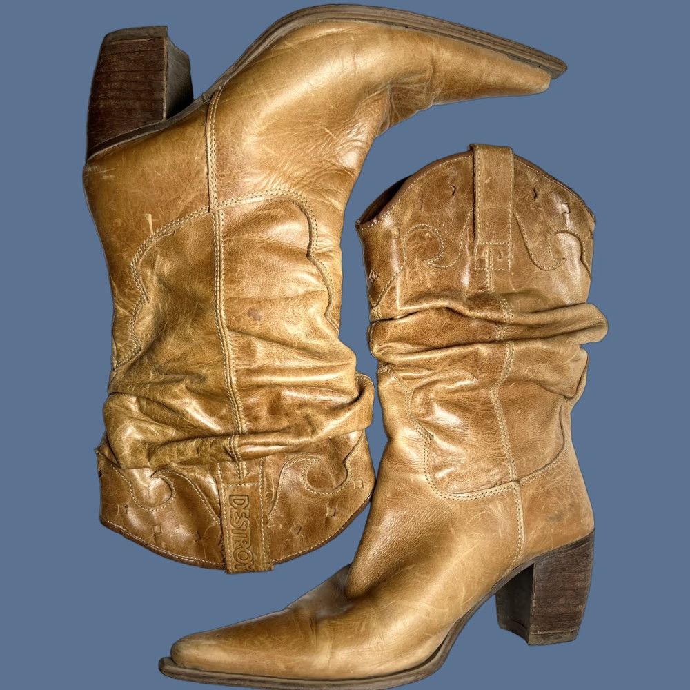 Vintage DESTROY Vintage Western Slouch Boots Tan Leather 37 / 6.5 Brown Tooled Pointed Toe Female Women Cowboy Western Boots Size US 7 / IT 37 - 1 Thumbnail