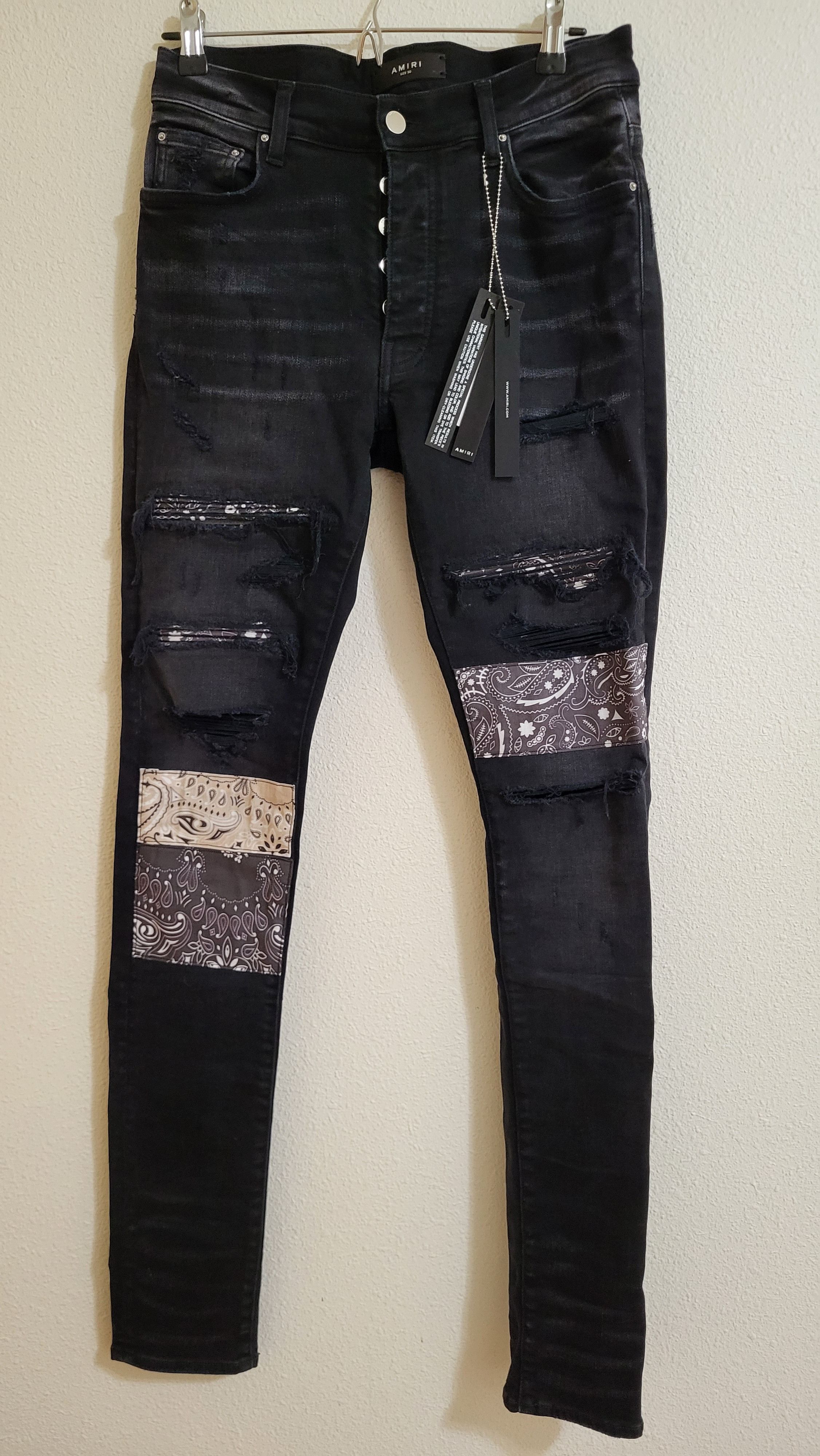 image of $1,690 Amiri Bandana Patch Slim Aged Denim in Black, Men's (Size 30)