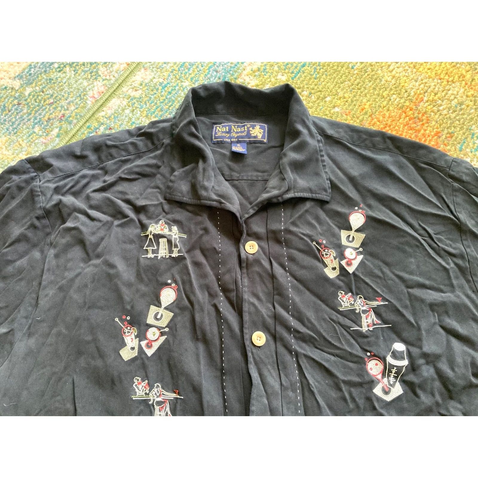 Nat Nast Nat Nast Shirt Mens XL Black Silk Button-Up Collared Short Sleeve Embroidered Limited Edition Size US XL / EU 56 / 4 - 3 Thumbnail