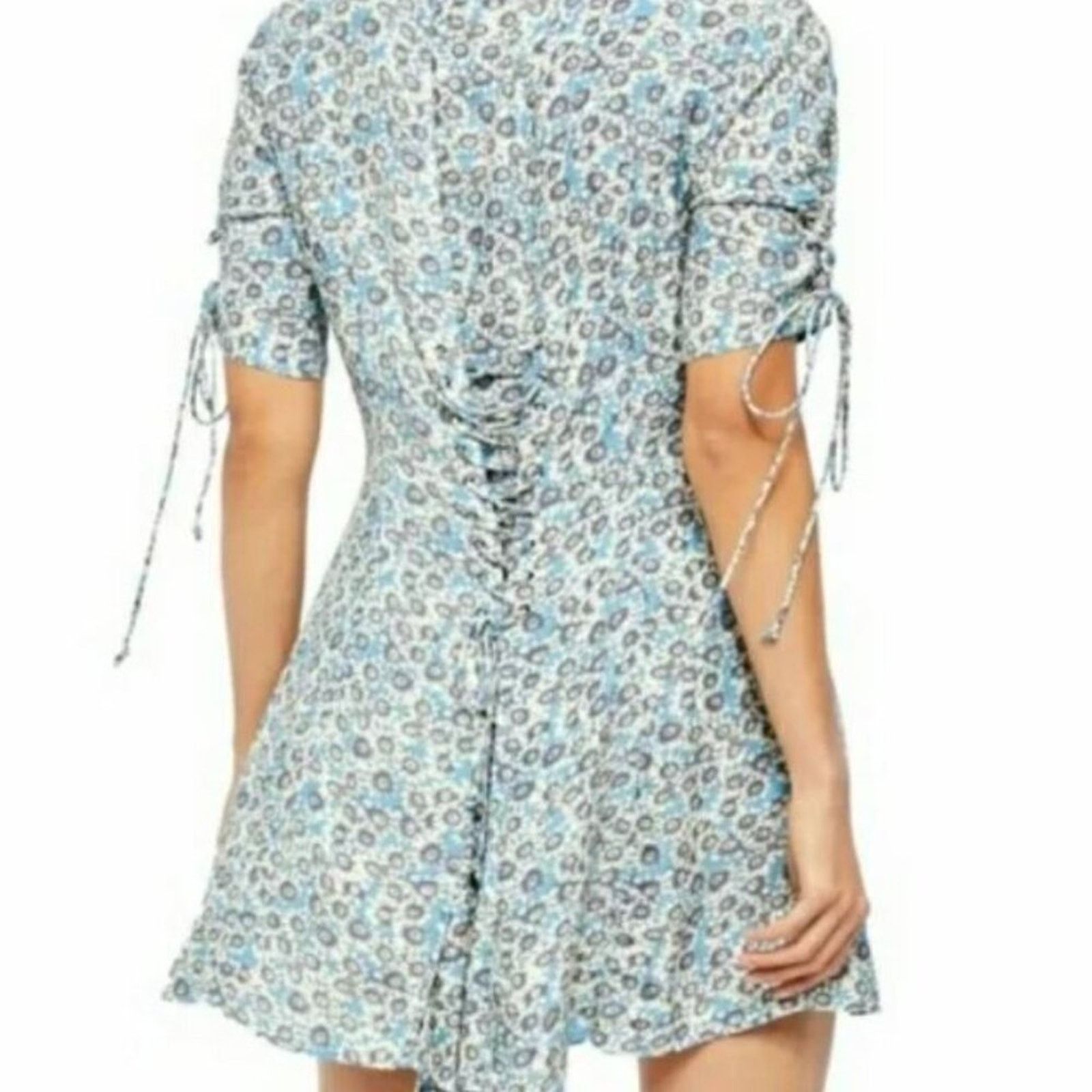 Free People Free People Blue Sunflower Print Lace Up Mini Dress Size XS / US 0-2 / IT 36-38 - 2 Thumbnail