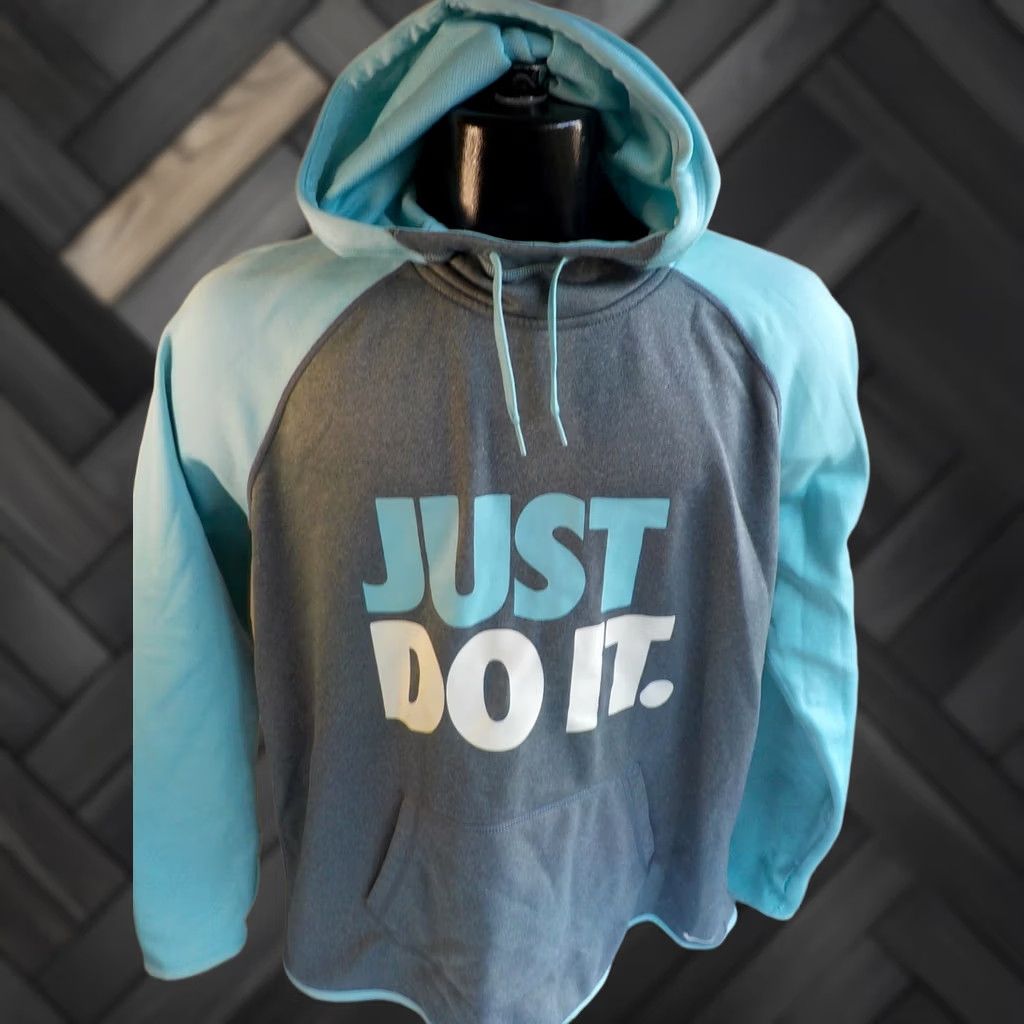 Nike NIKE Therma-Fit Just Do It 2 Tone Hoodie Gray Turquoise Womens XL Pullover Kangaroo Pocket 100% Polyester Good Condition Size XL / US 12-14 / IT 48-50 - 1 Thumbnail