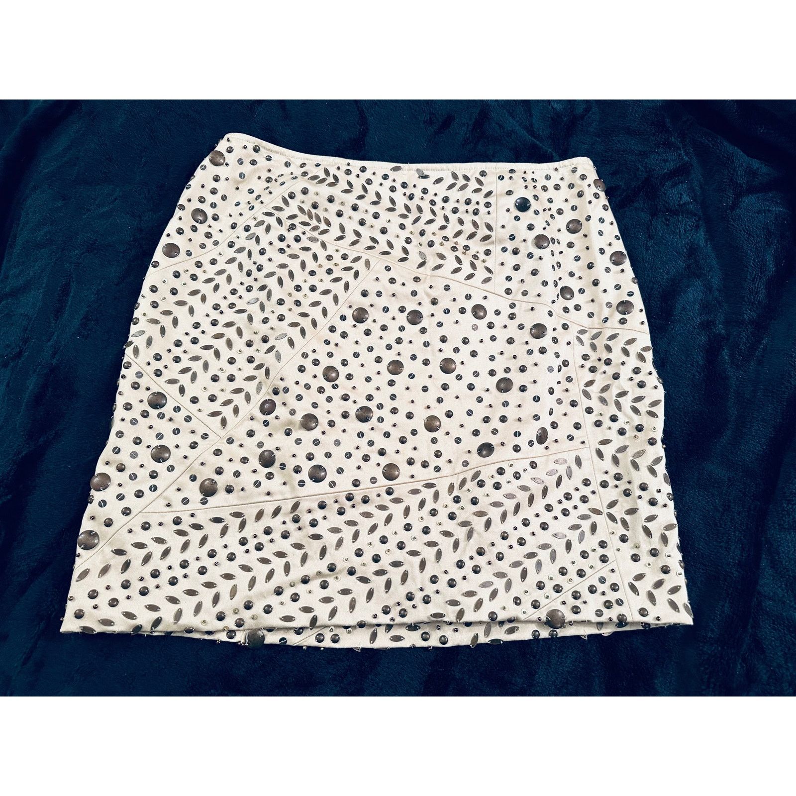 LAFAYETTE 148 OFF WHITE STUDDED SEQUINED COTTON/LYCRA SKIRT