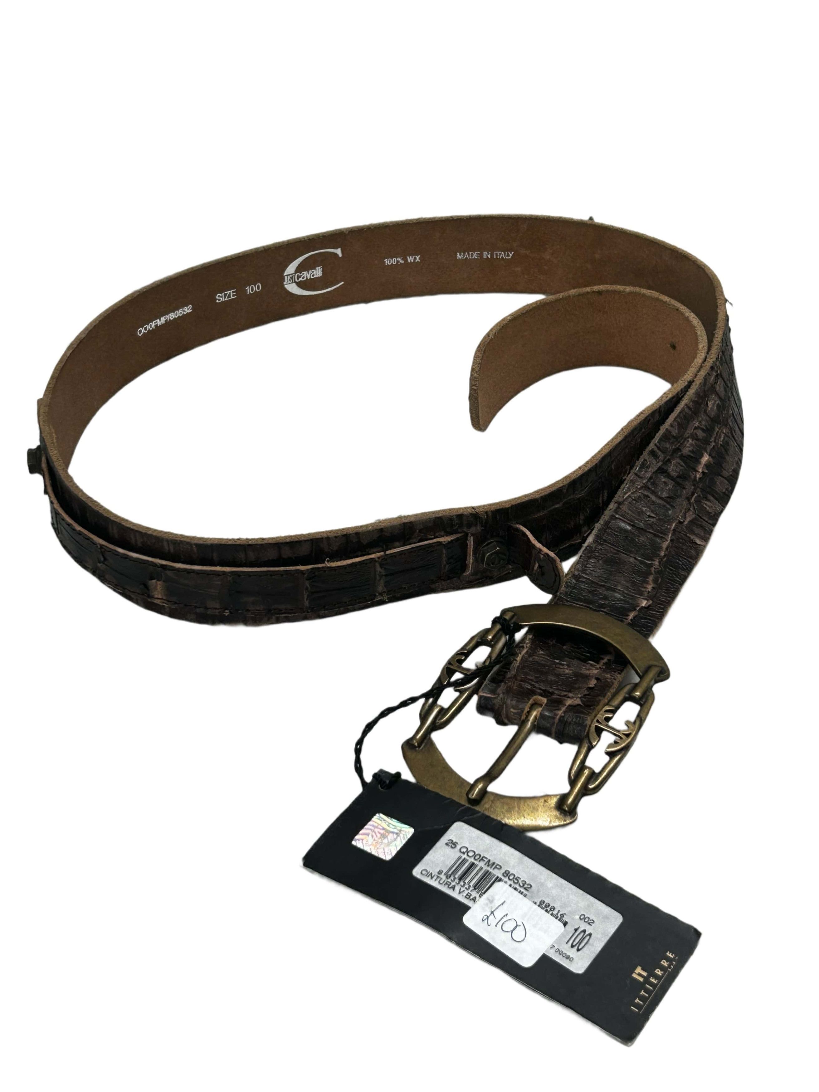 Just Cavalli Just Cavalli Brown Leather Faux Reptile Skin val Buckle Belt Size 34 - 2 Thumbnail