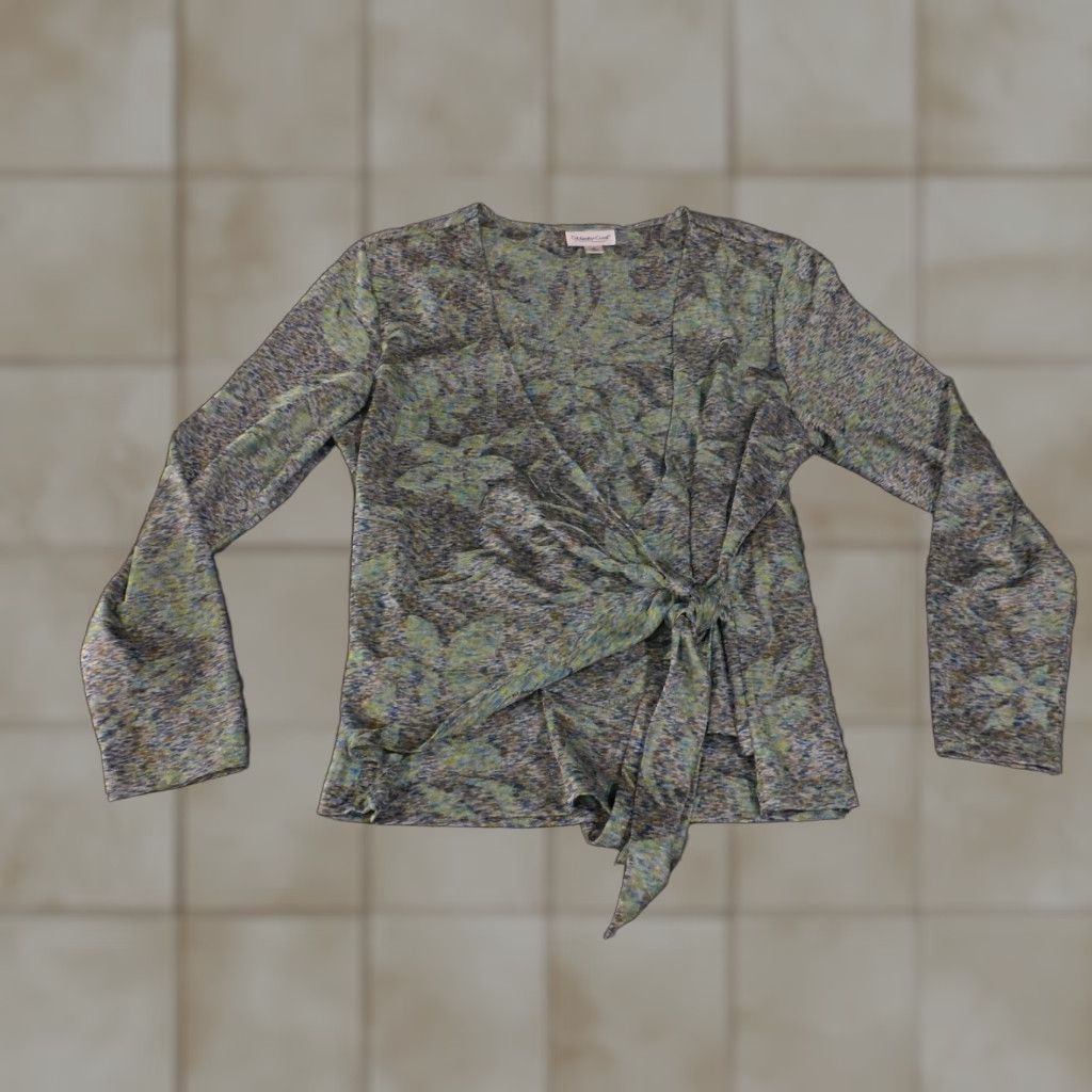 Coldwater Creek Coldwater Creek Blouse Womens Large Green Floral Tie Neck V-Neck Stretch Short? Wait. Size L / US 10 / IT 46 - 1 Thumbnail