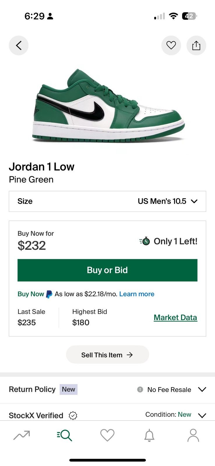 Jordan Brand × Nike Jordan 1 Low Pine green Size US 10.5 / EU 43-44 - 10 Thumbnail