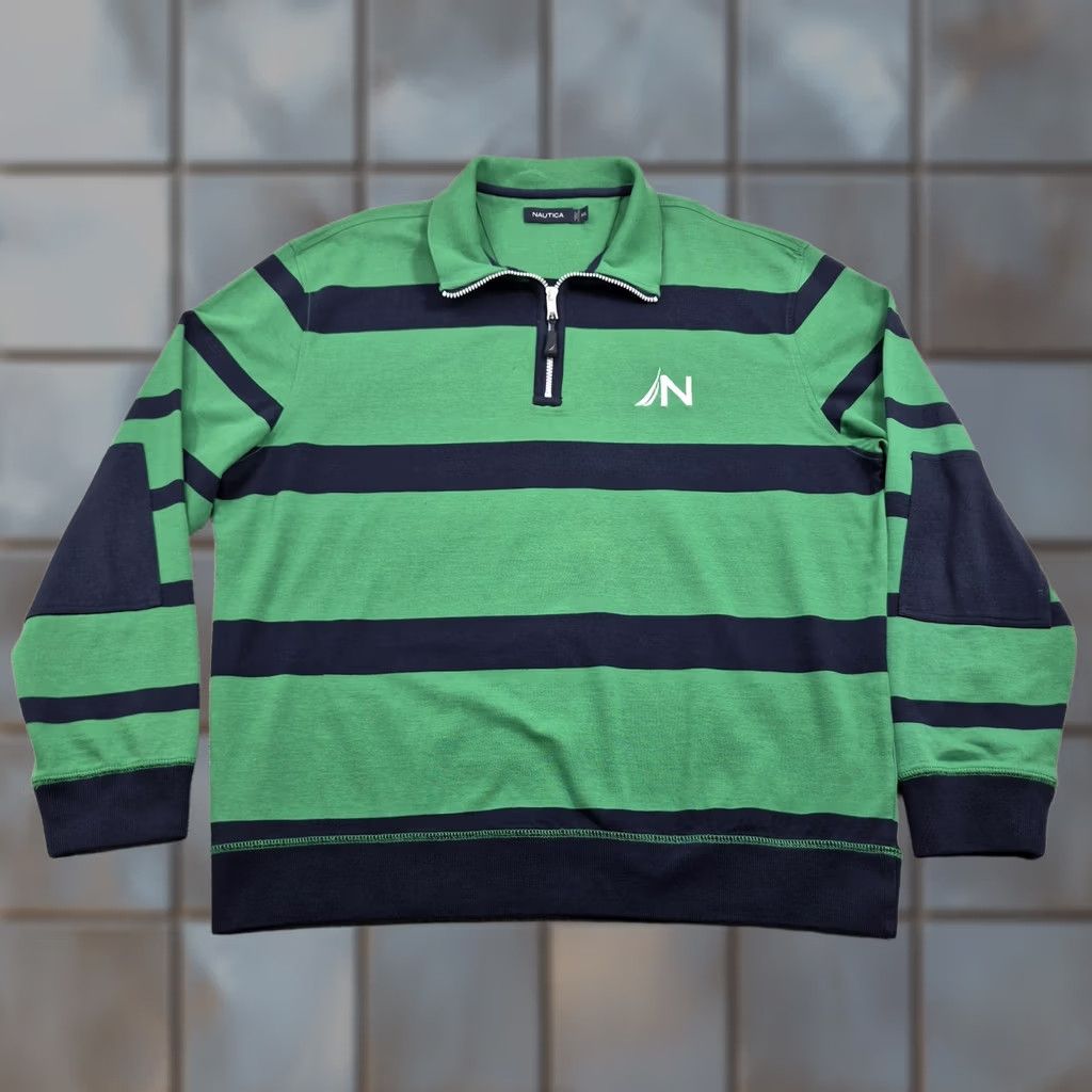 Nautica Nautica Mens 2XL Rugby Polo Sweater Shirt Green Striped 1/4 Zip Collared Size US XXL / EU 58 / 5 - 1 Thumbnail