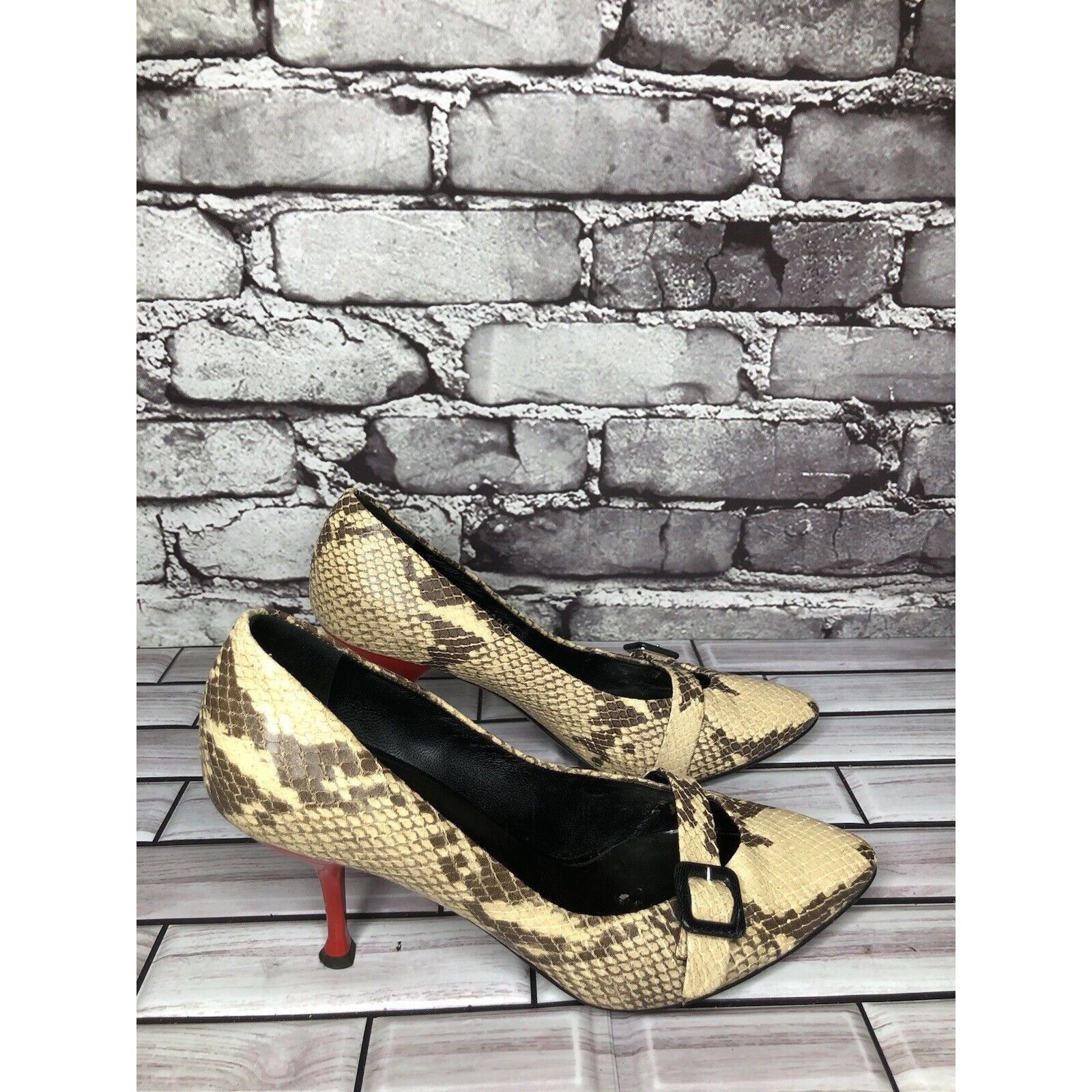 Giuseppe Zanotti Giuseppe Zanotti Cream Leather Black SnakeSkin Pointed Strap Size US 6.5 / IT 36.5 - 11 Thumbnail
