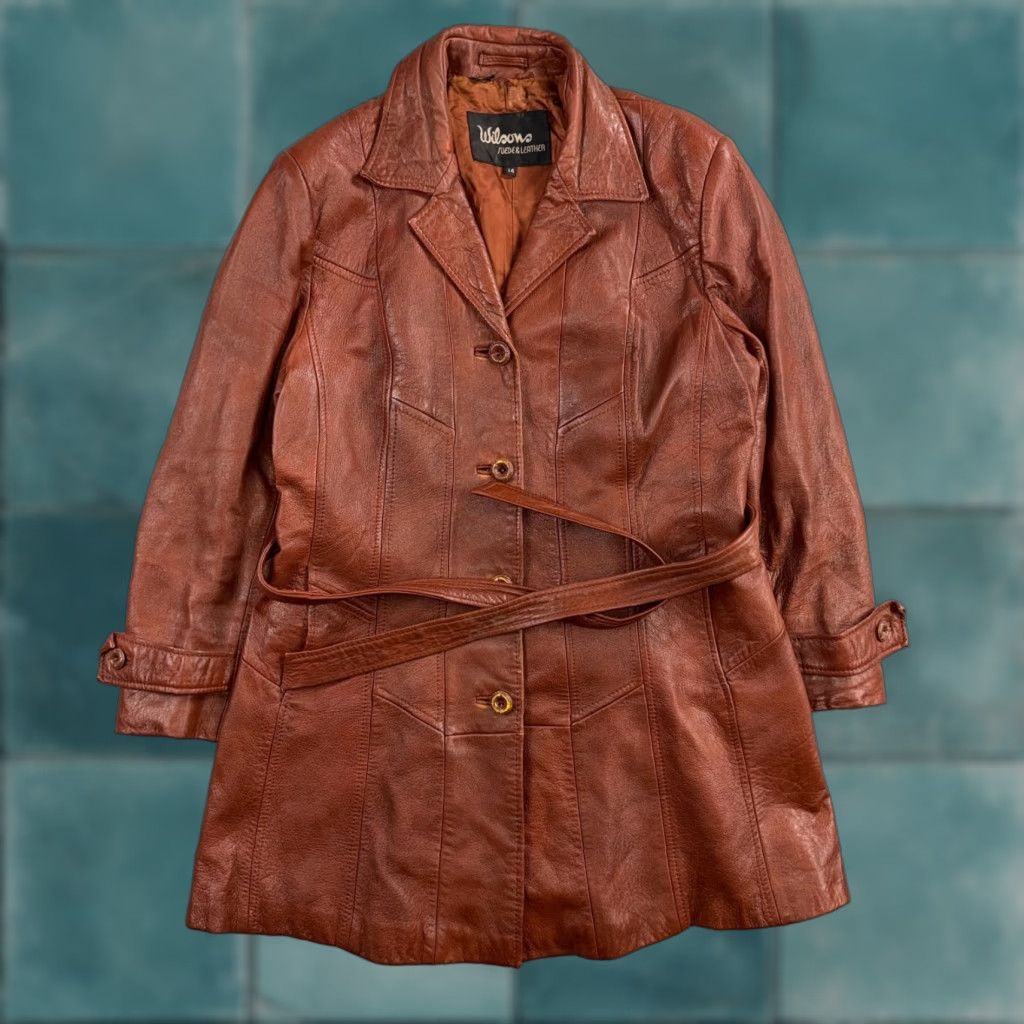 Vintage VTG Wilsons Women's Brown 100% Leather Jacket Trench Coat Car Belted 80s 90s Size XL / US 12-14 / IT 48-50 - 1 Thumbnail