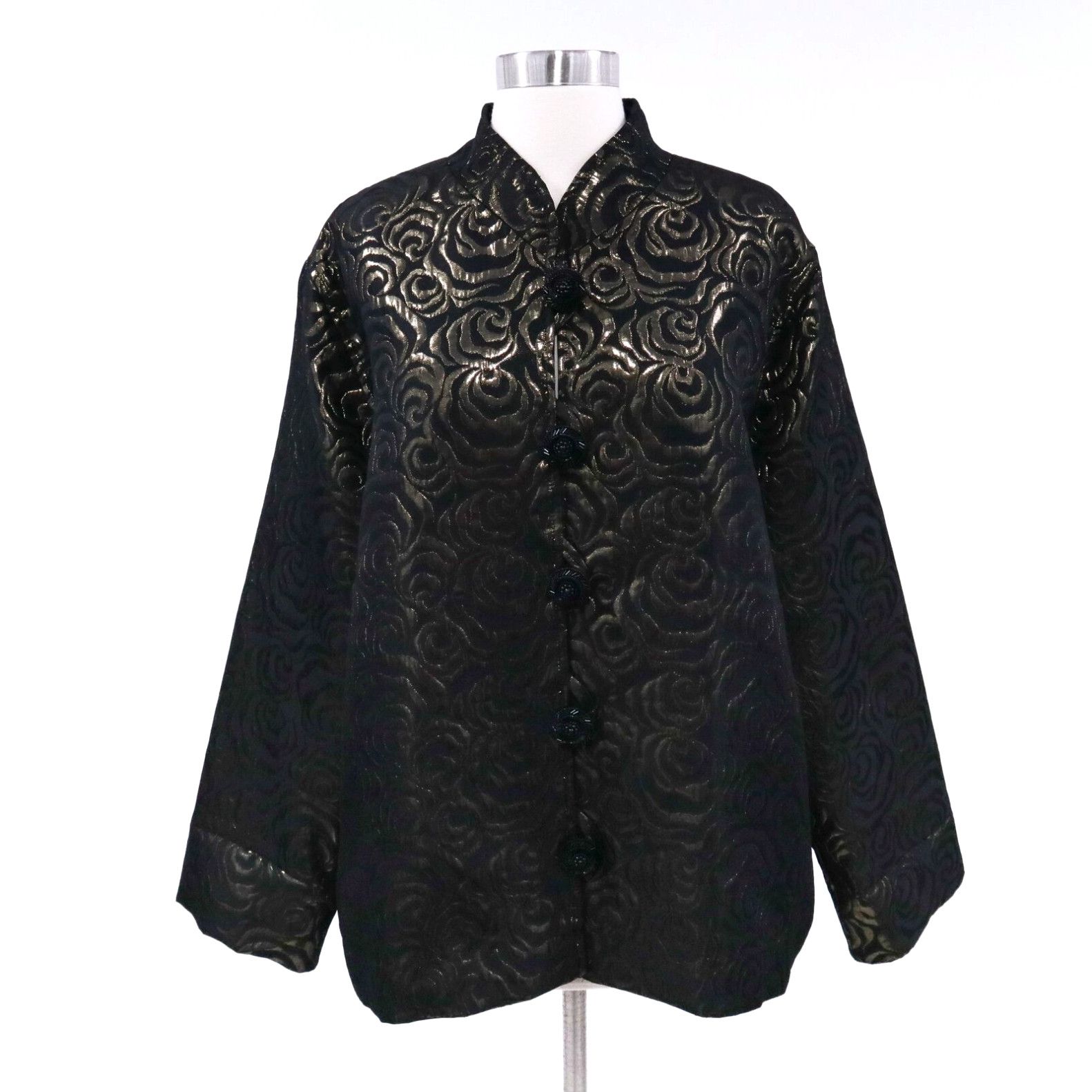 image of Vintage Caroline Rose Topper Blazer Jacket Womens 1X Black Gold Metallic Roses Evening in White (Si