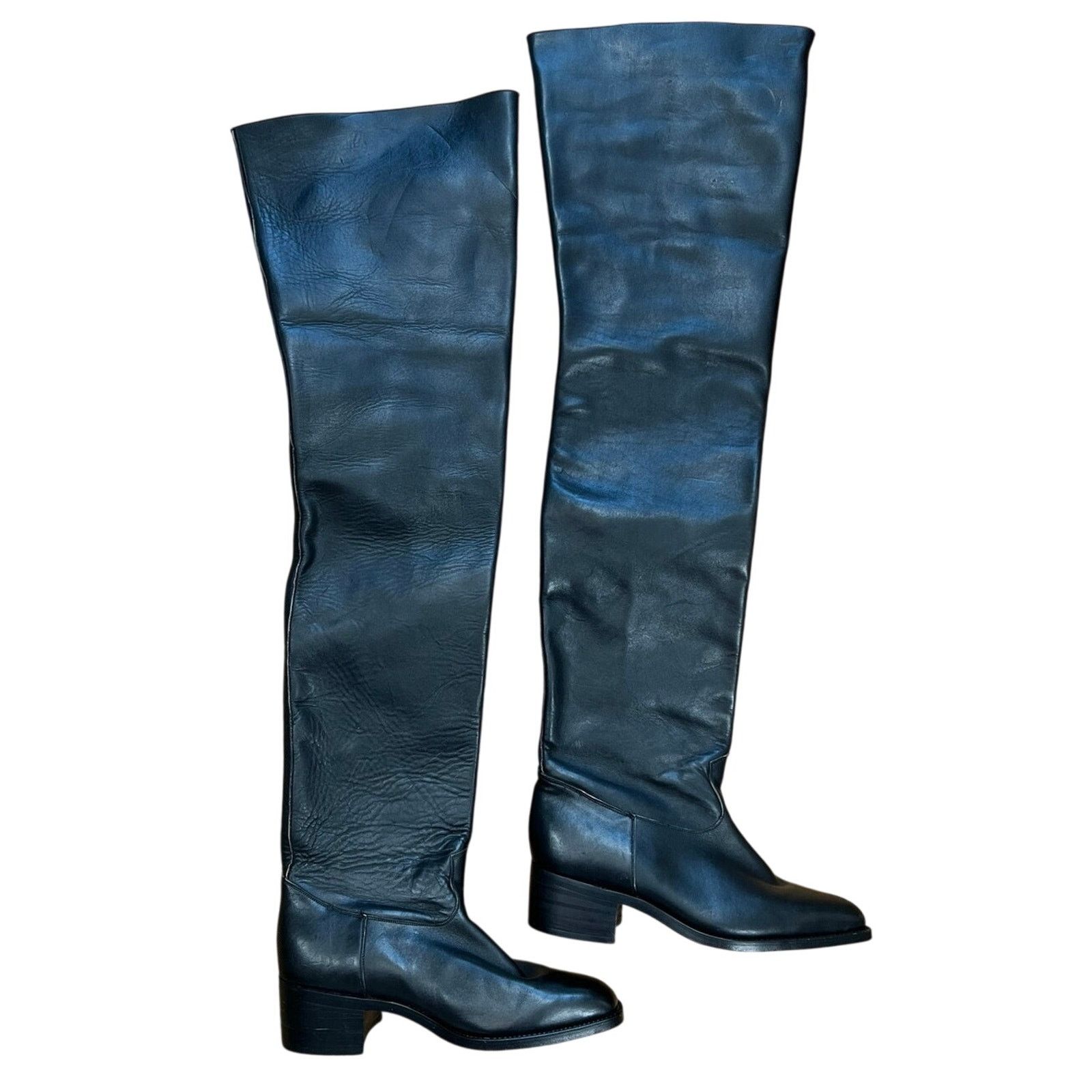 Handmade Vintage Rare Anello & Davide Tall Black Leather Boots Men 7D Size US 7 / EU 40 - 1 Thumbnail