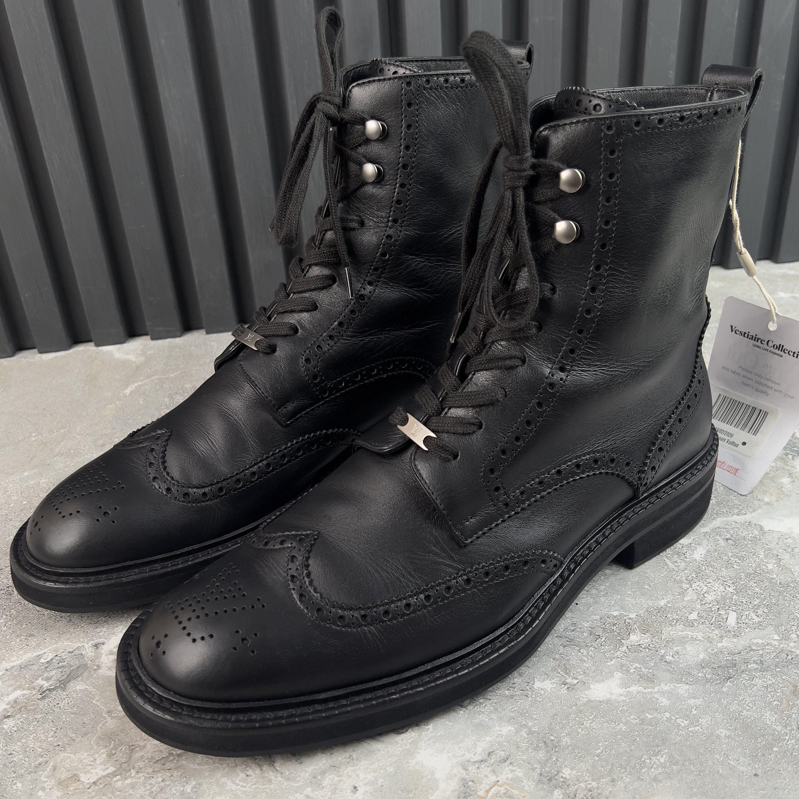 Louis Vuitton Combat Boots LV Medallion Wingtip Perforated Black Leather Size US 10.5 / EU 43-44 - 1 Thumbnail