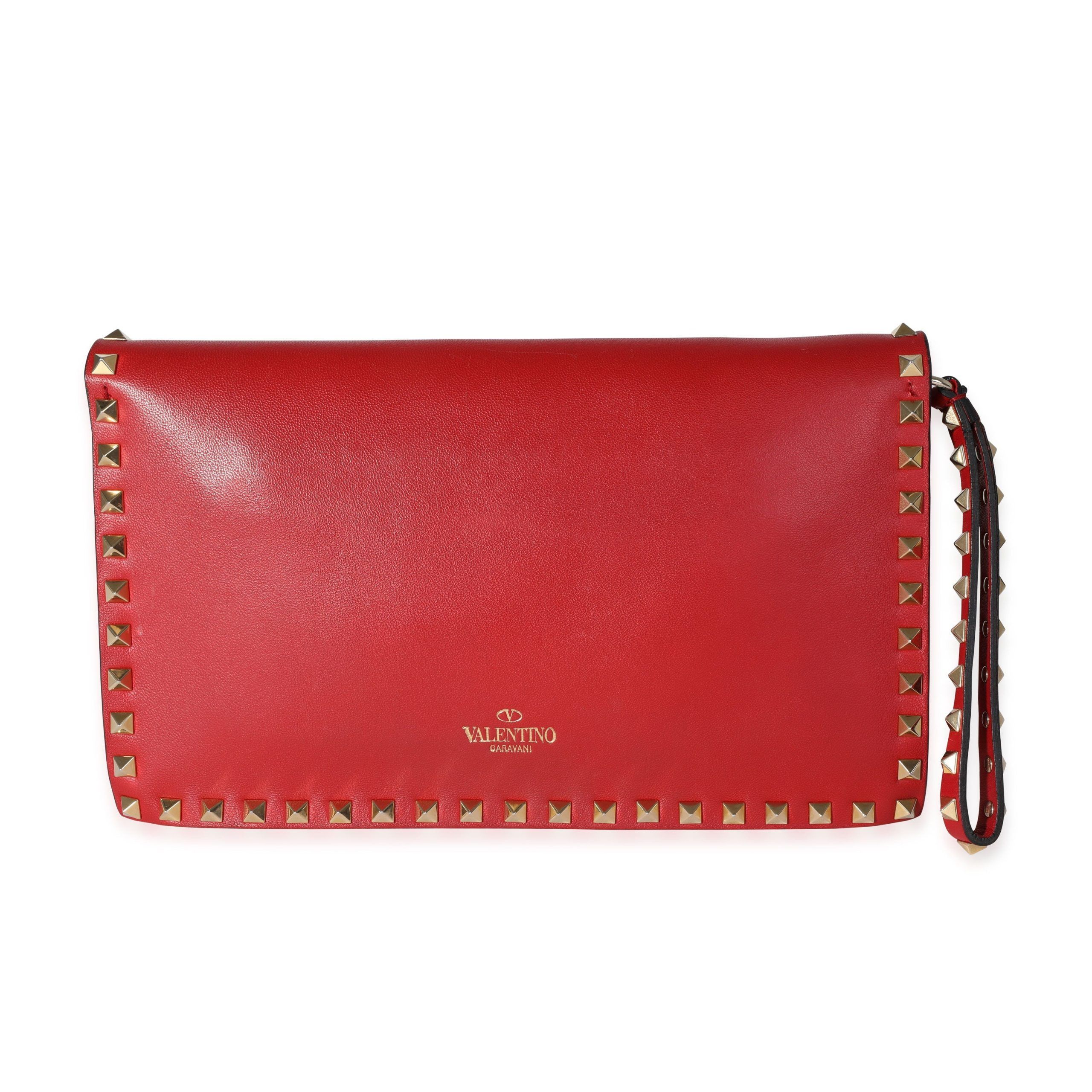 image of Valentino Red Nappa Leather Rockstud Wristlet Clutch, Women's