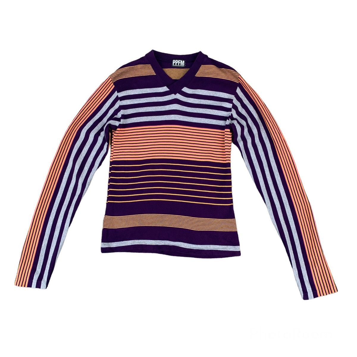 image of Designer Ppfm Stripe Multicolor V Neck Longsleeve Shirt, Women's (Size Small)