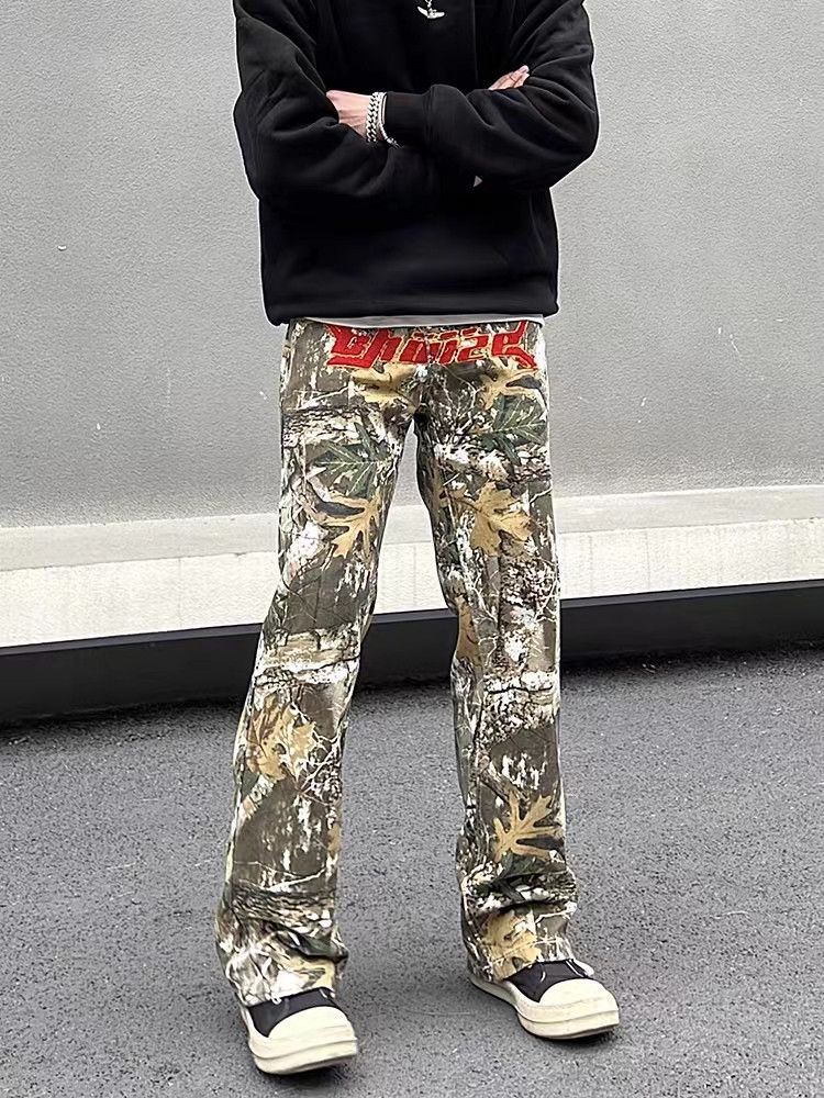 Camouflage letter embroidered straight-leg work jeans