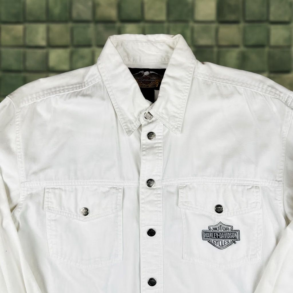 Harley Davidson Harley-Davidson Shirt Western Mens S White Cotton Canvas Snap Button Button-Up Workwear Long Sleeve Size US S / EU 44-46 / 1 - 1 Thumbnail