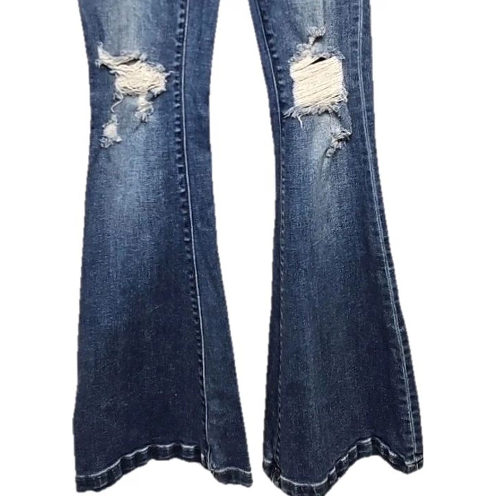 Vintage Zenana Womens High Rise Flare Jeans Size 24 Button Fly Distressed Stretch Denim Blue 29 Inseam Regular Rise Jeans Womens 24 Regular XS? Size 42" / US 20 - 3 Thumbnail