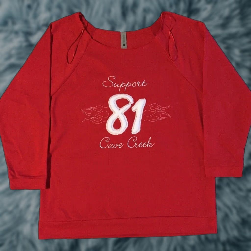 Vintage Vtg Hells Angels 81 Cave Creek Arizona Flames Long Sleeve Shirt L Red Womens Embroidered Grunge 80s 90s Biker MC USA Size L / US 10 / IT 46 - 1 Thumbnail
