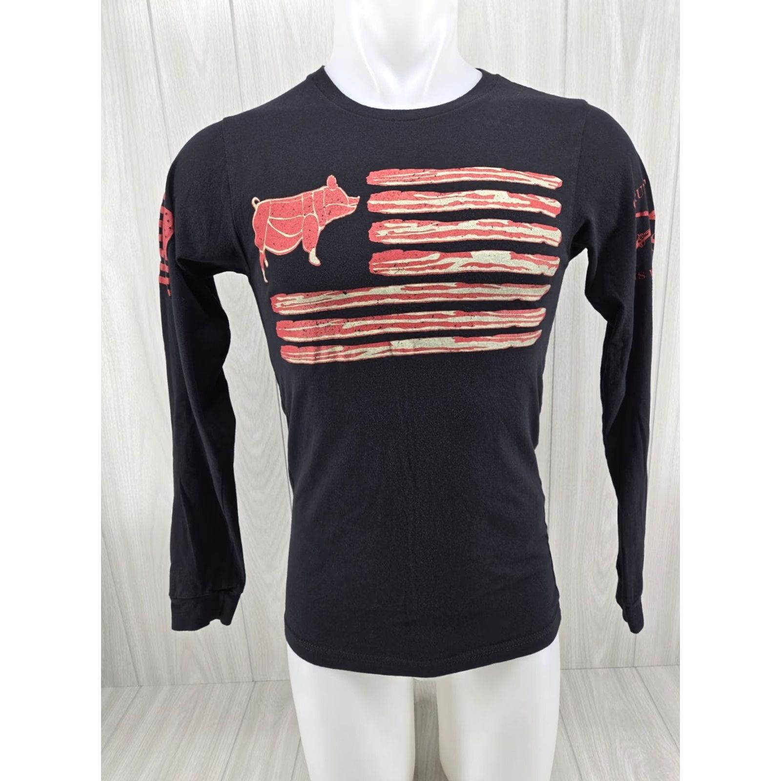 Vintage Grunt Style Long Sleeve Shirt Bacon Flag Small Unisex Adults Men’s S Black Cotton Graphic Print Crew Neck Logo 4-Season Flag Theme Size US S / EU 44-46 / 1 - 2 Thumbnail