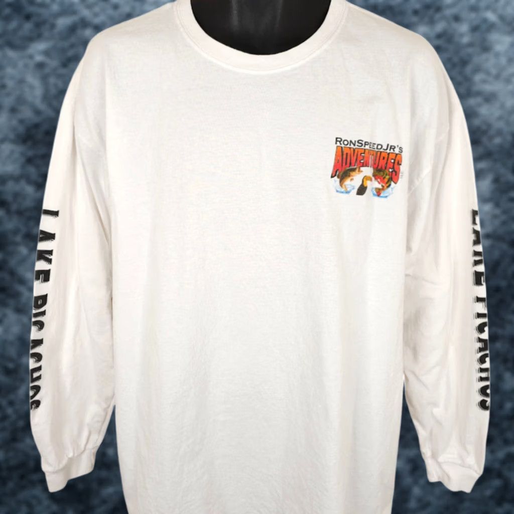 Speedo Lake Picachos Bass Fishing T Shirt Mens Size 2XL White Yazbek Crew Neck Long Sleeve Cotton Vintage N/A Size US XXL / EU 58 / 5 - 1 Thumbnail