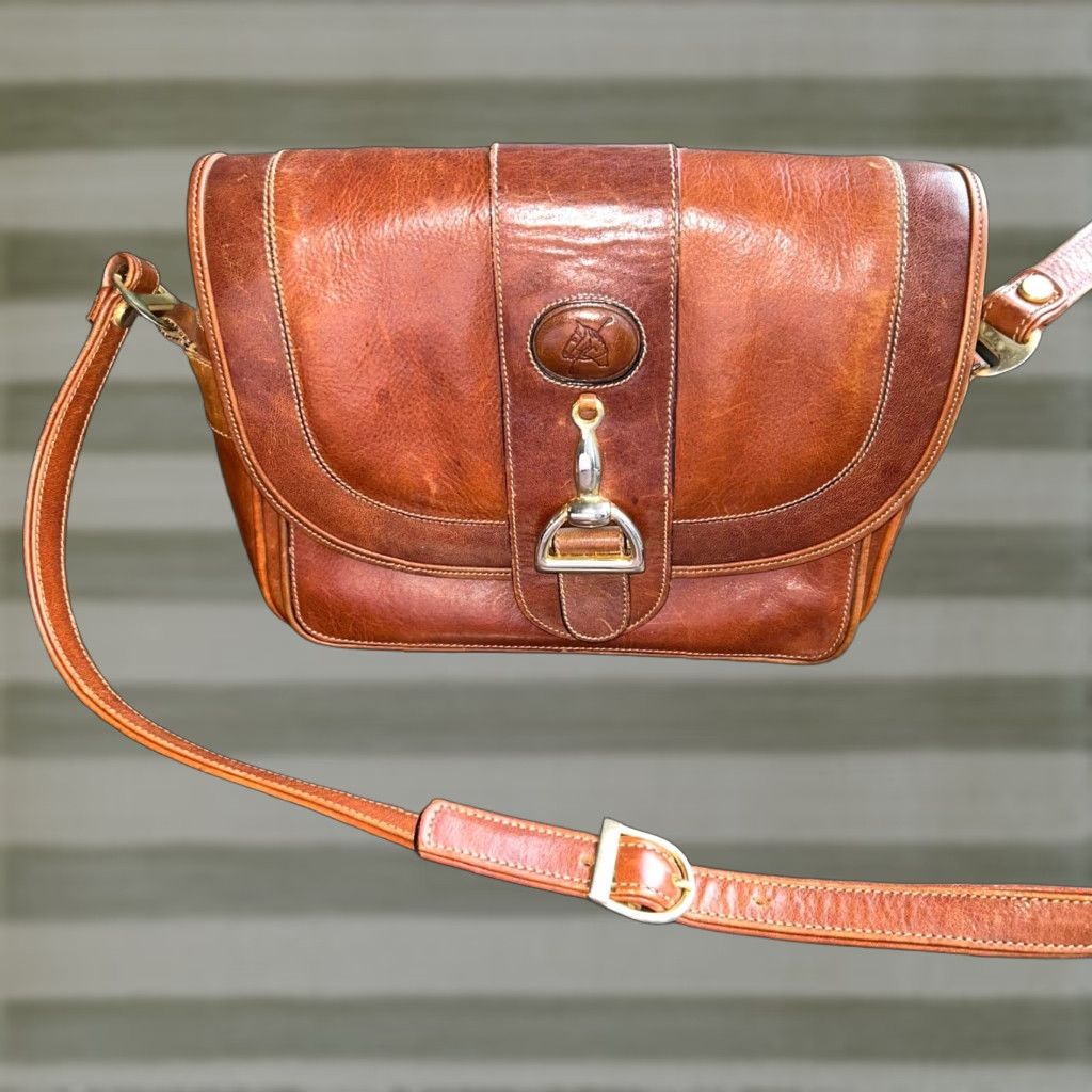 VINTAGE Francesco Conti Brown Leather Saddle Bag Crossbody Metal Bit Closure Women