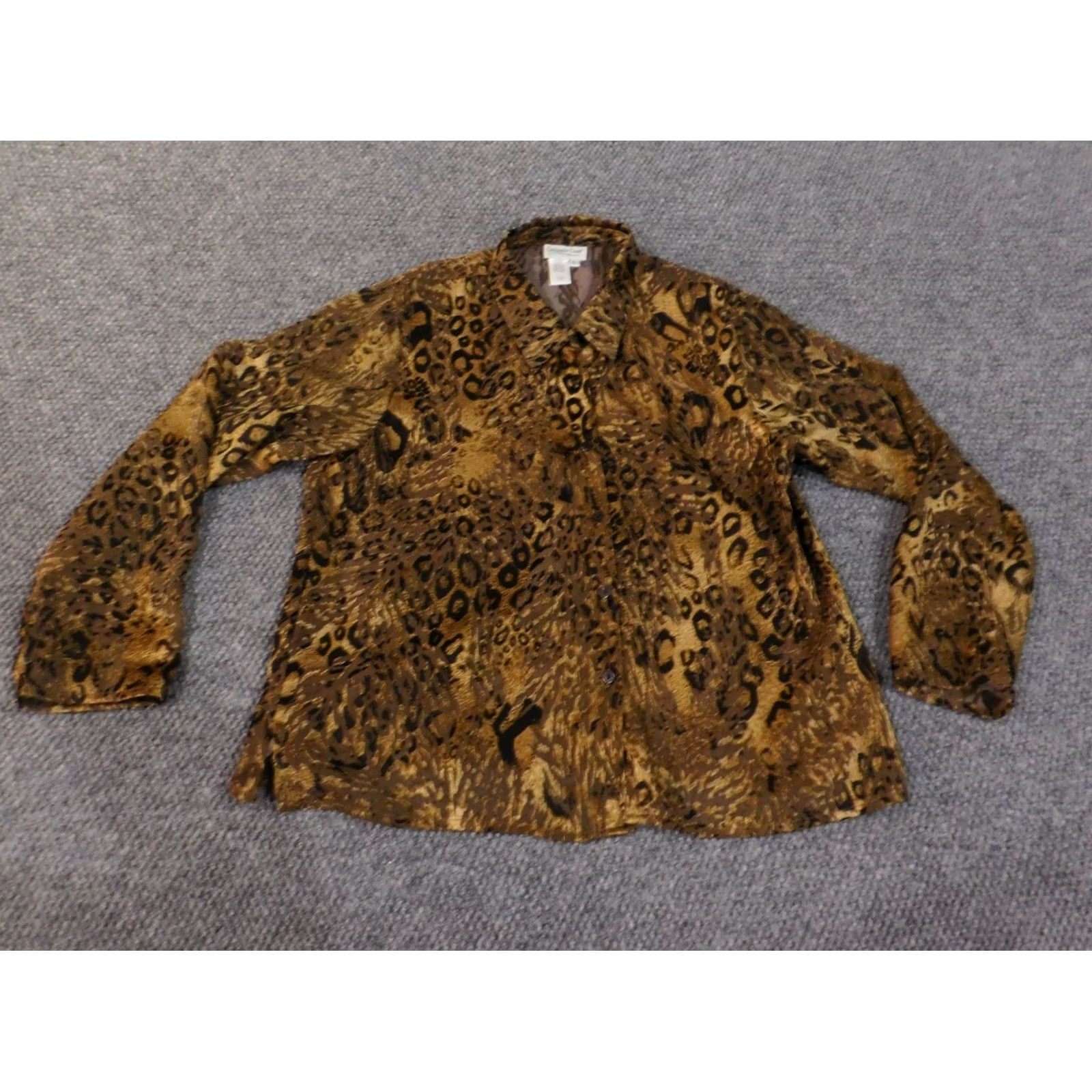 Coldwater Creek Coldwater Creek Shirt Womens L Brown Animal Print Button-Up Knit Polyester Viscose Ruffle Casual Size L / US 10 / IT 46 - 2 Thumbnail