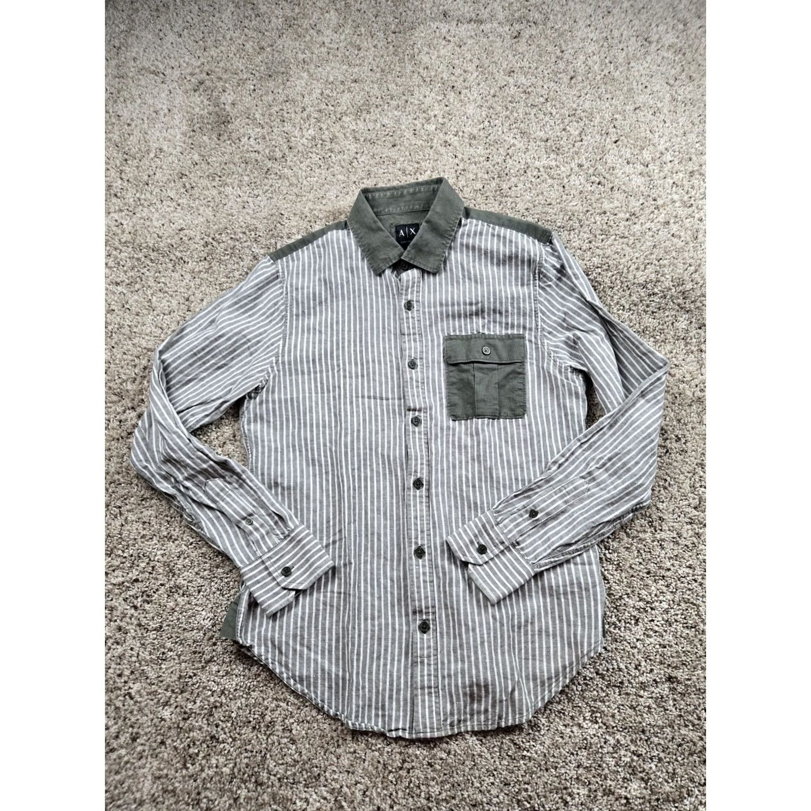 Armani Exchange Armani Exchange Shirt Mens Small Gray Stripe Olive Contrast Slim Linen Cotton Blend Woven Button-Up Long Sleeve Casual Slim Fit Size US S / EU 44-46 / 1 - 2 Thumbnail