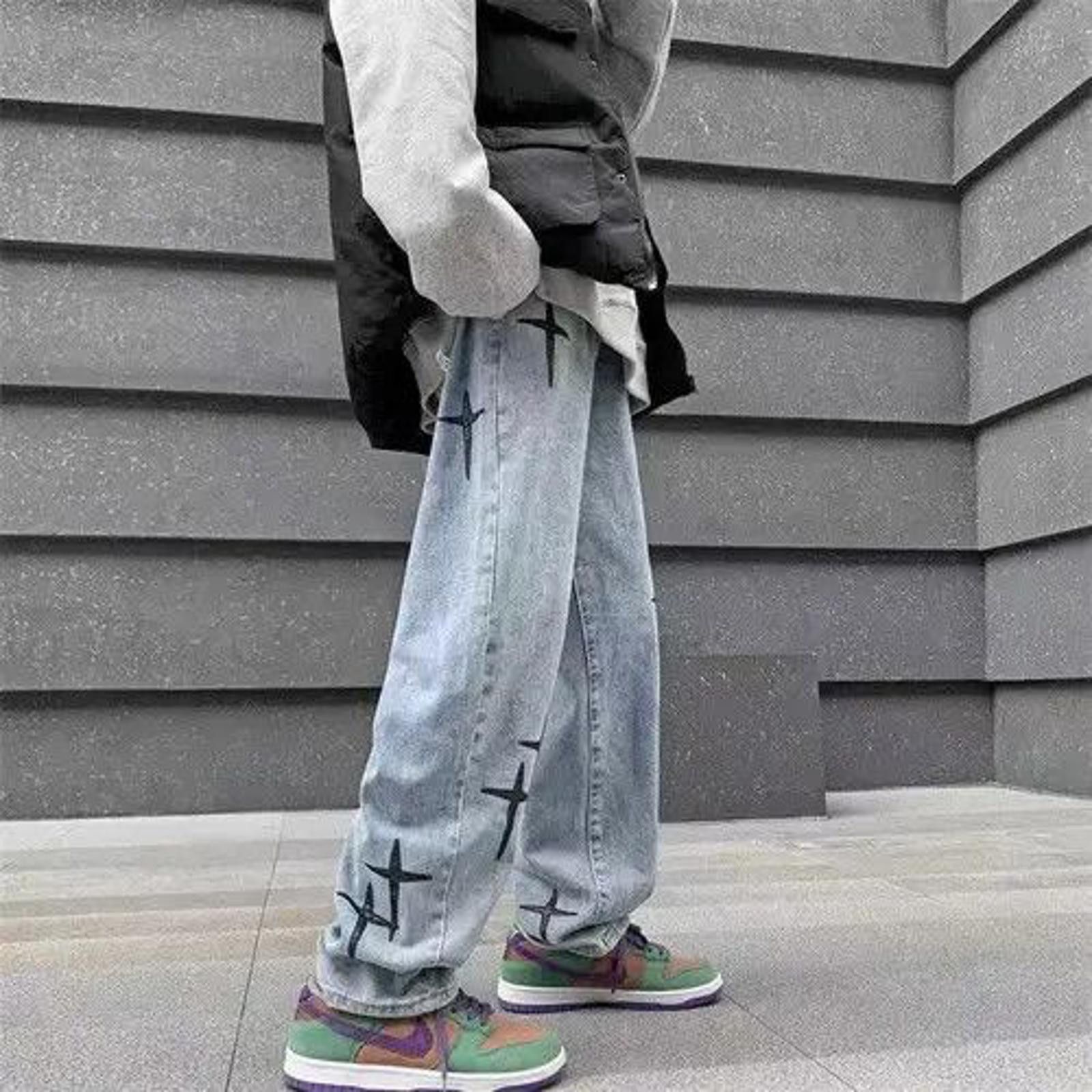 Jean × Vintage Patchwork Cross Light Blue Straight Jeans Size US 35 - 3 Thumbnail