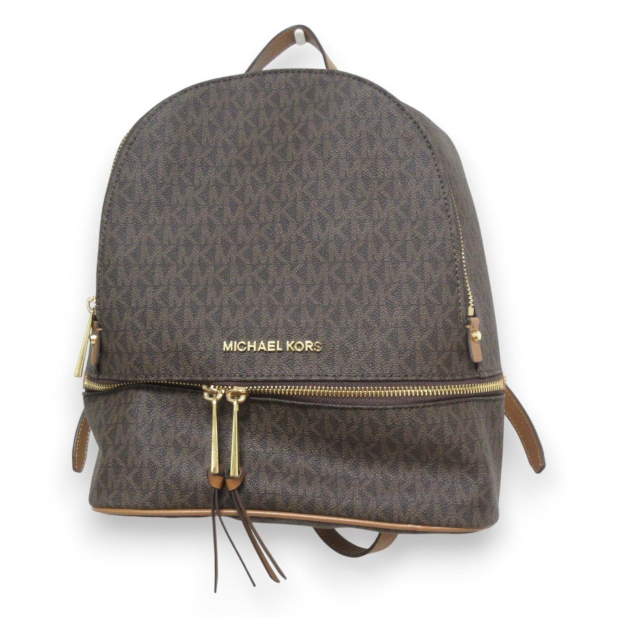 MICHAEL KORS RHEA Leather MK Signature Backpack, Brown x Gold