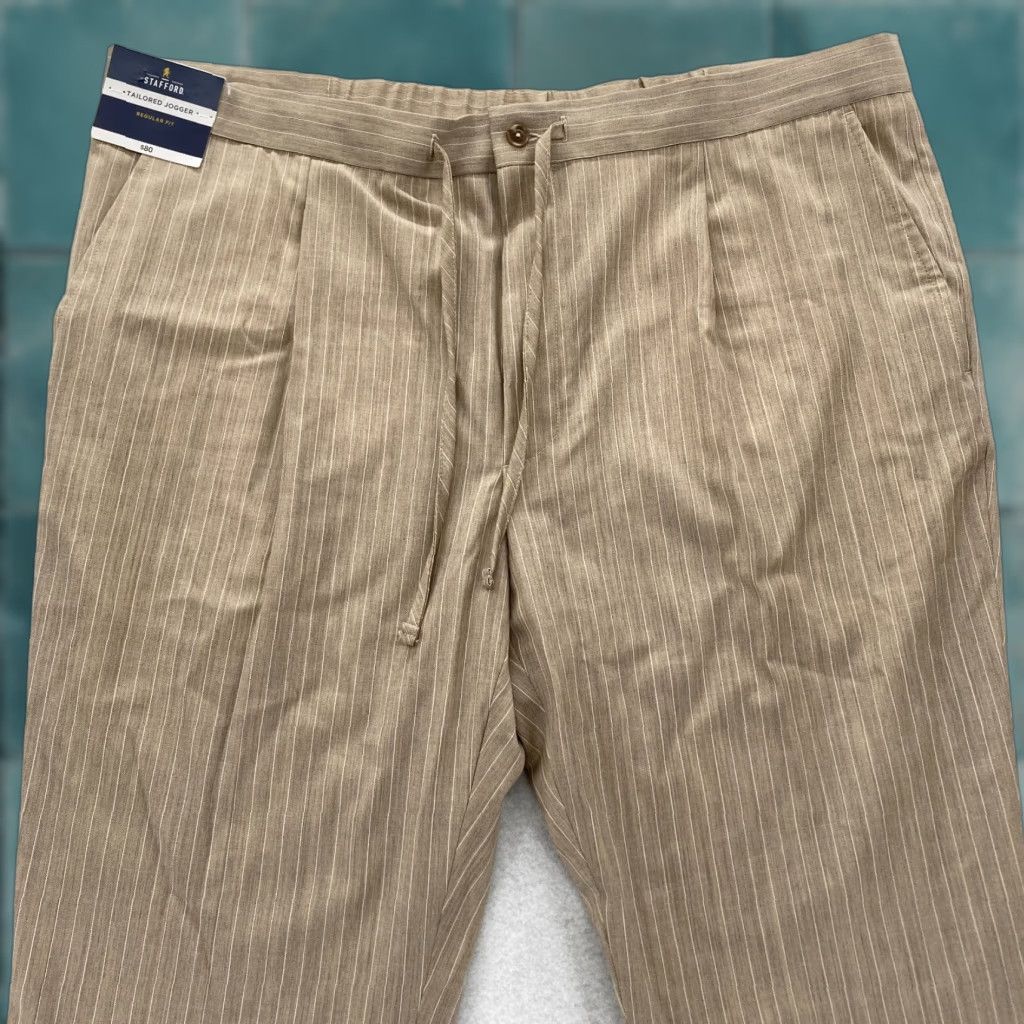 Stafford Stafford Tailored Jogger Pants Mens 44x28 Beige Striped Wool Stretch Drawstring Size US 44 / EU 60 - 1 Thumbnail