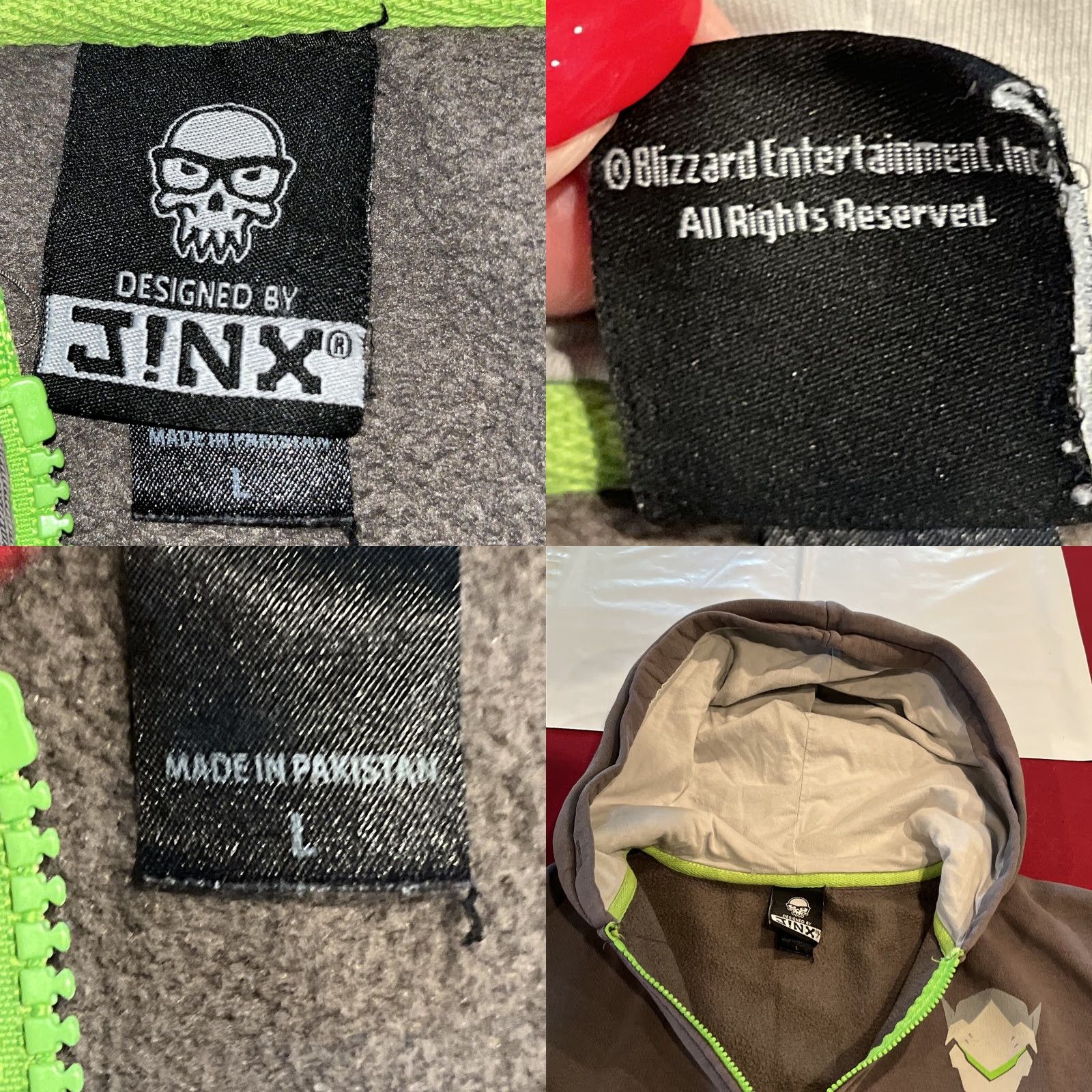 Vintage Jinx Overwatch Gray Hoodie Lime Green Zipper Sweatshirt Shark Sword Dragon Men L Full Zip Graphics Back Front Sleeve Cuffs Pocket Hooded Size US L / EU 52-54 / 3 - 9 Thumbnail