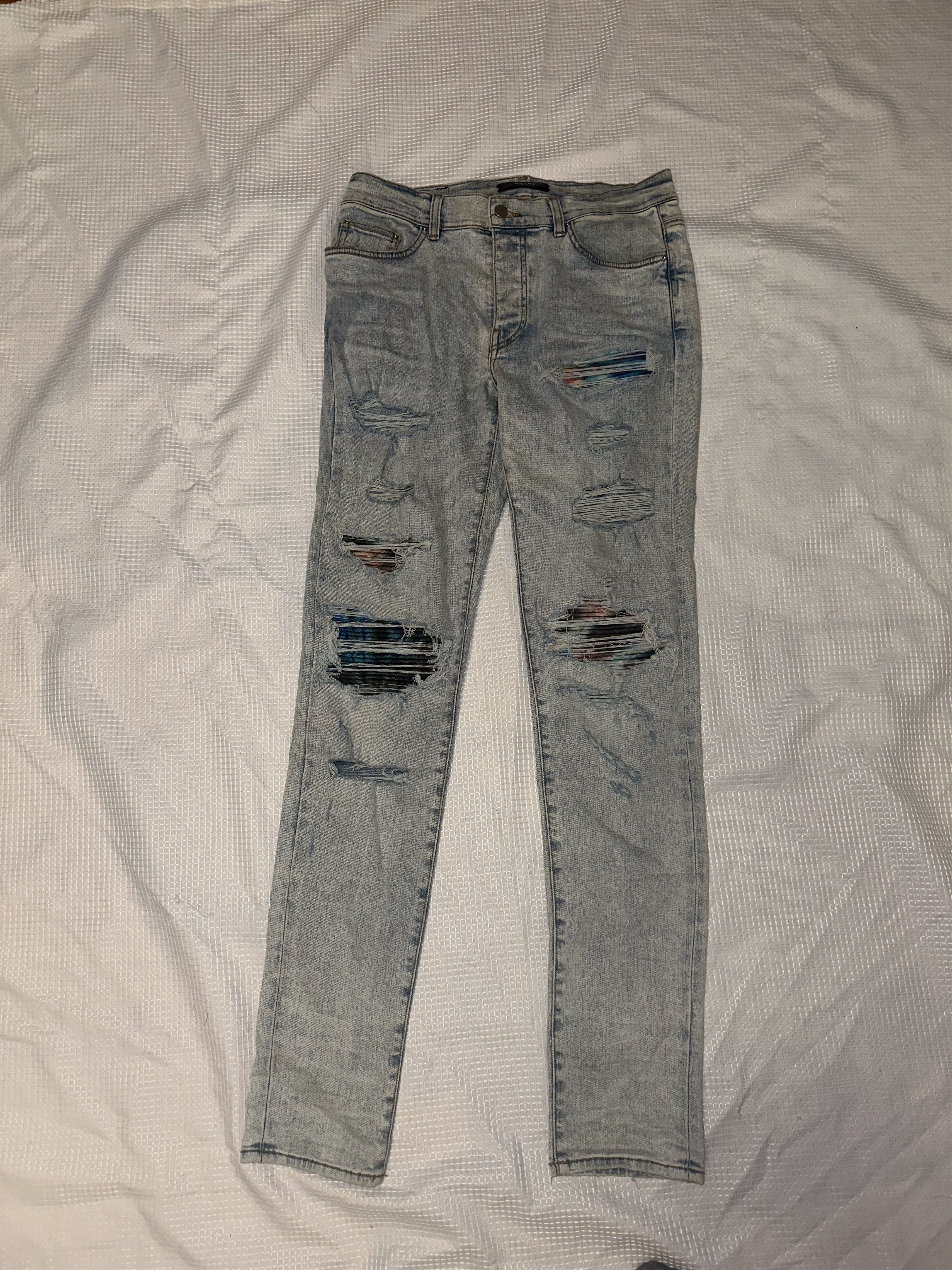 image of Amiri Mx1 Rainbow Jeans in Blue Distressed, Men's (Size 33)