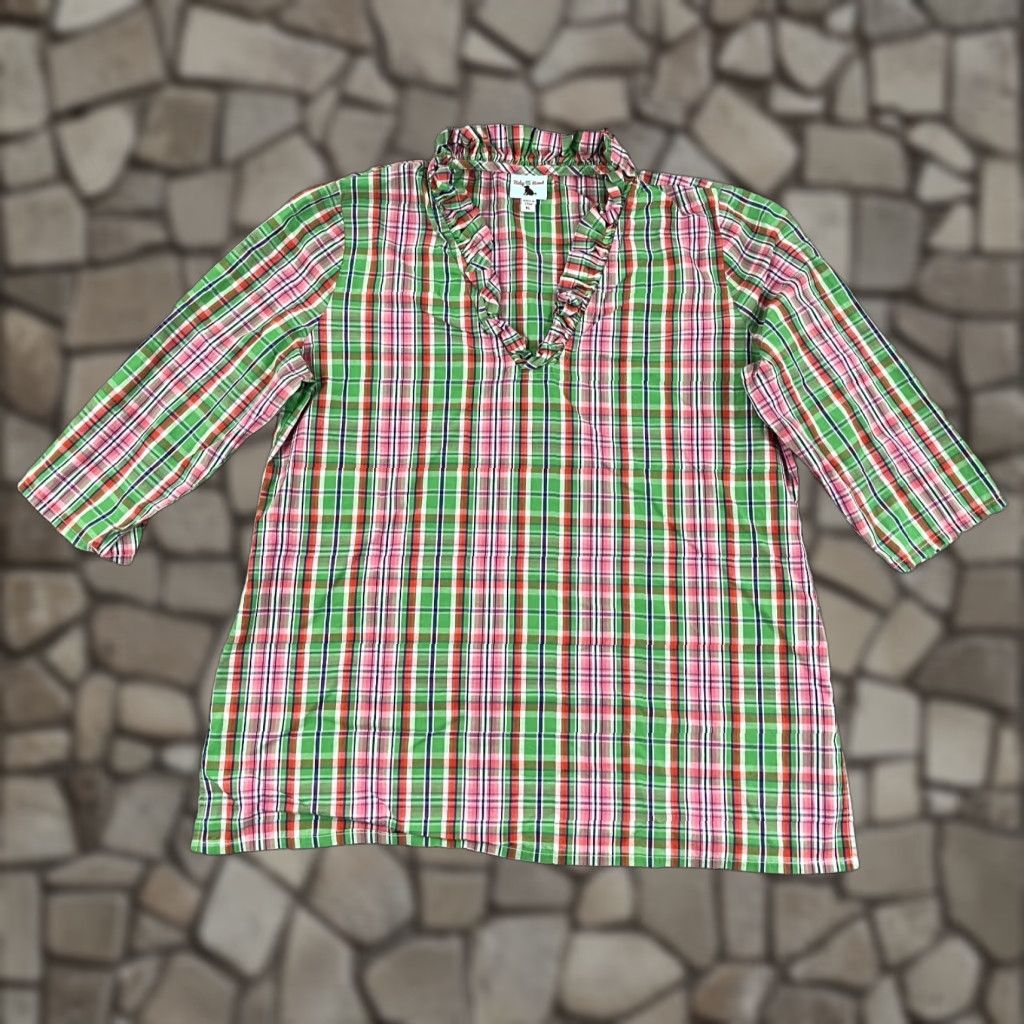 Pinko Haley & The Hound Blouse Womens XL Multicolor Plaid Ruffle V-Neck Top Casual 3/4 Sleeve Size XL / US 12-14 / IT 48-50 - 1 Thumbnail