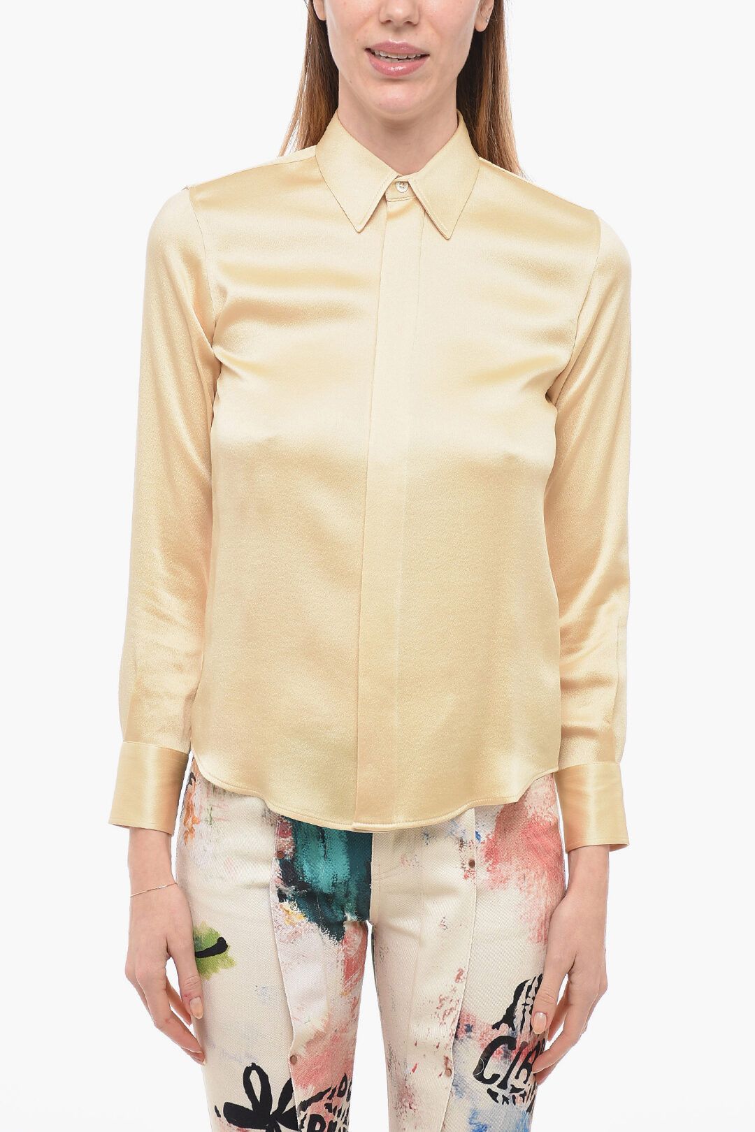 image of Ami Og1Mm0524 Silk Blend Shirt In Beige, Women's (Size XS)