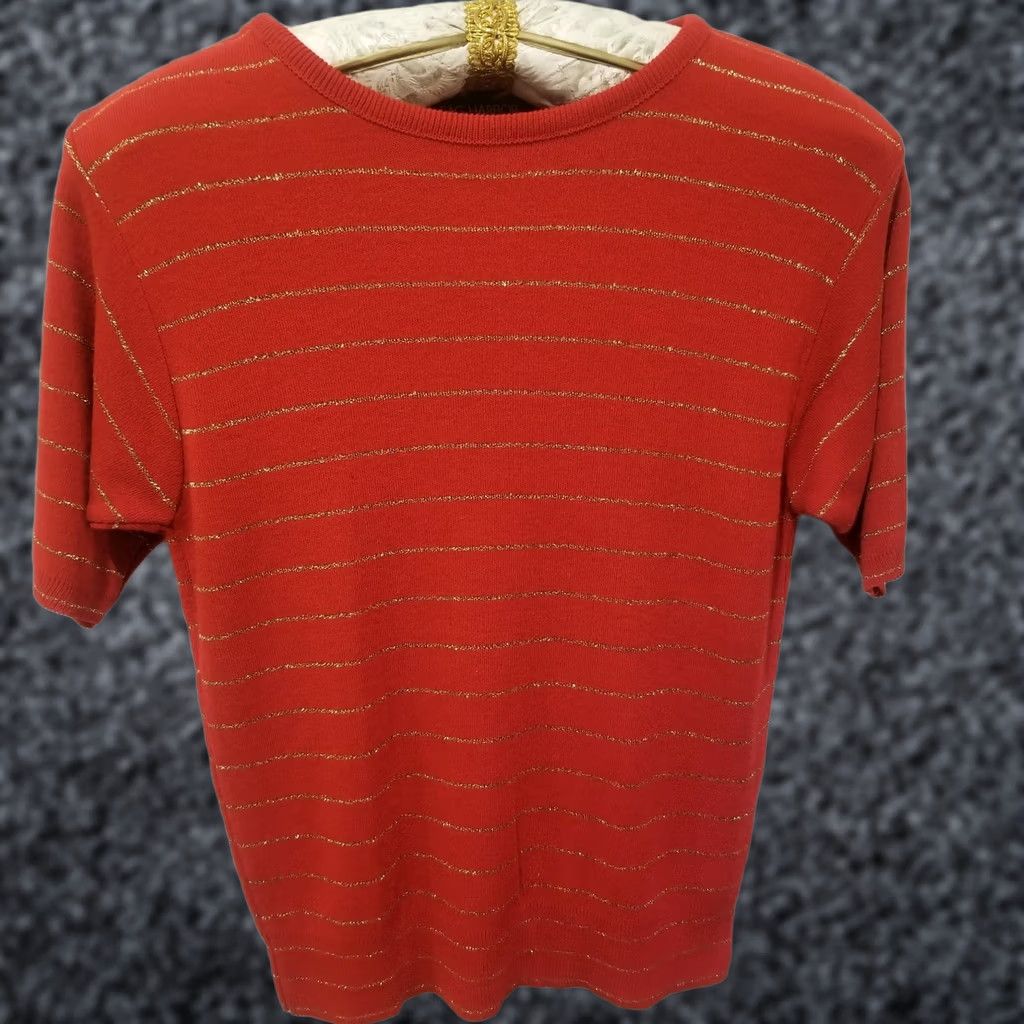 Vintage Sag Harbor Knitwear Womens PM Red Gold Striped Short Sleeve Cardigan Sweater Venues: Casual, Knitwear, Acrylic, Lightweight, Crew Neck, Relaxed Fit Size M / US 6-8 / IT 42-44 - 1 Thumbnail
