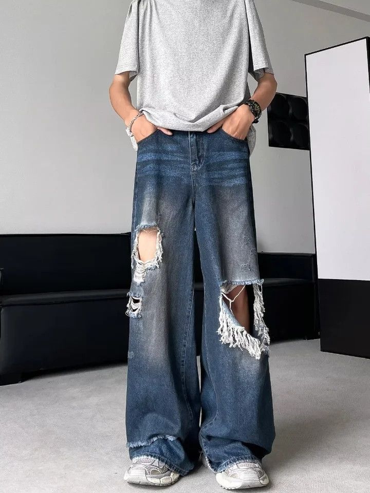 Jean × Vintage Ripped Baggy Jeans High Street Distressed Size US 36 / EU 52 - 1 Thumbnail