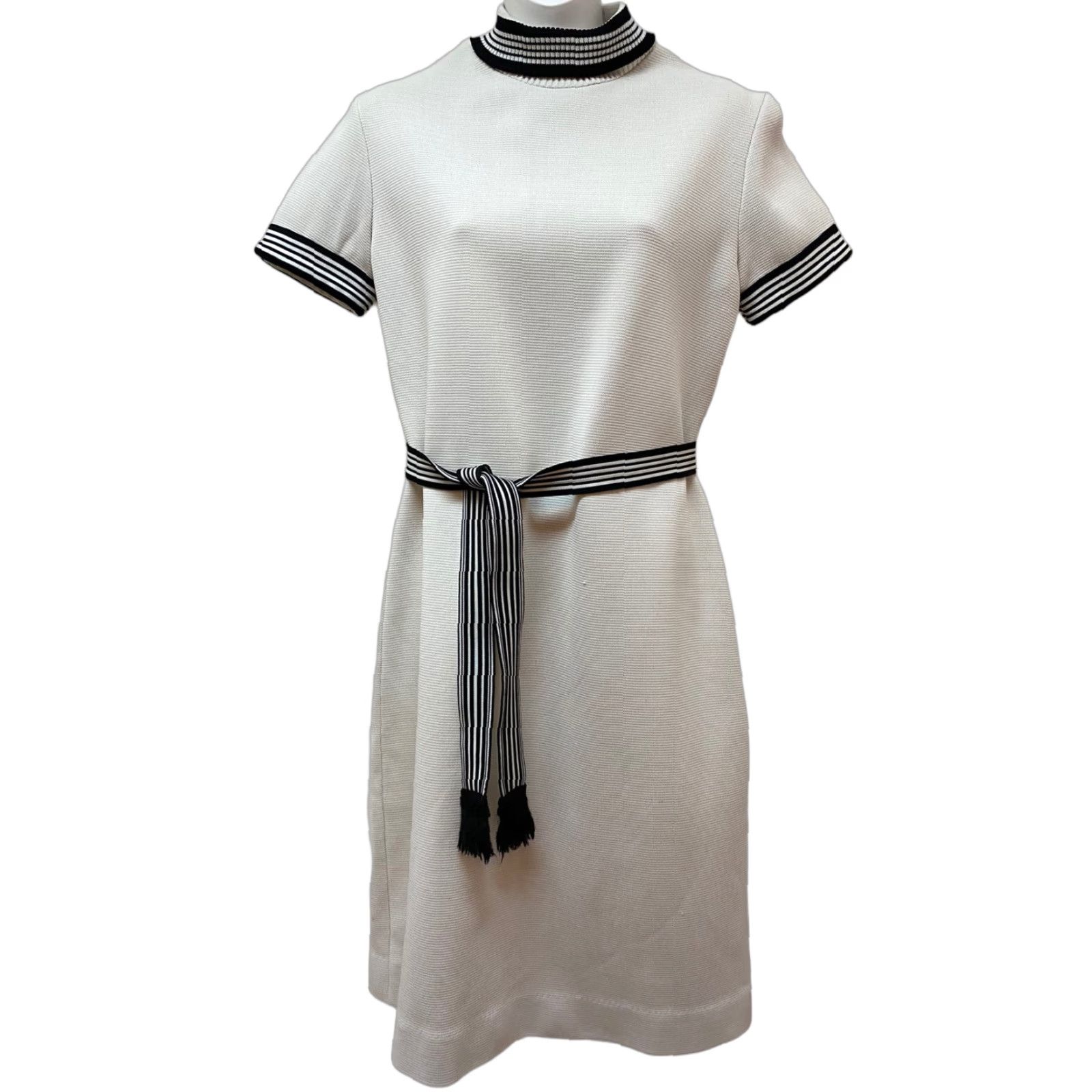 VINTAGE 1970s Mod GoGo Knit Dress Striped Turtleneck Fringe Belt Women's S/M Beige Casual