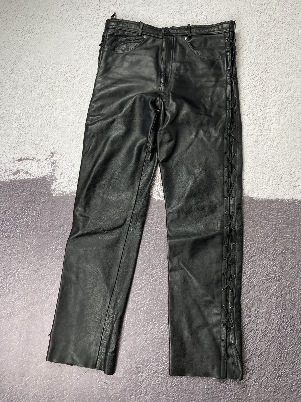 Leather Vintage Genuine Leather black motorcycle pants Versace style Size US 34 / EU 50 - 1 Thumbnail
