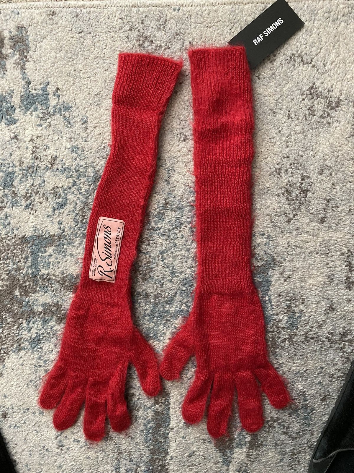 Raf Simons Red Mohair Long Logo Gloves