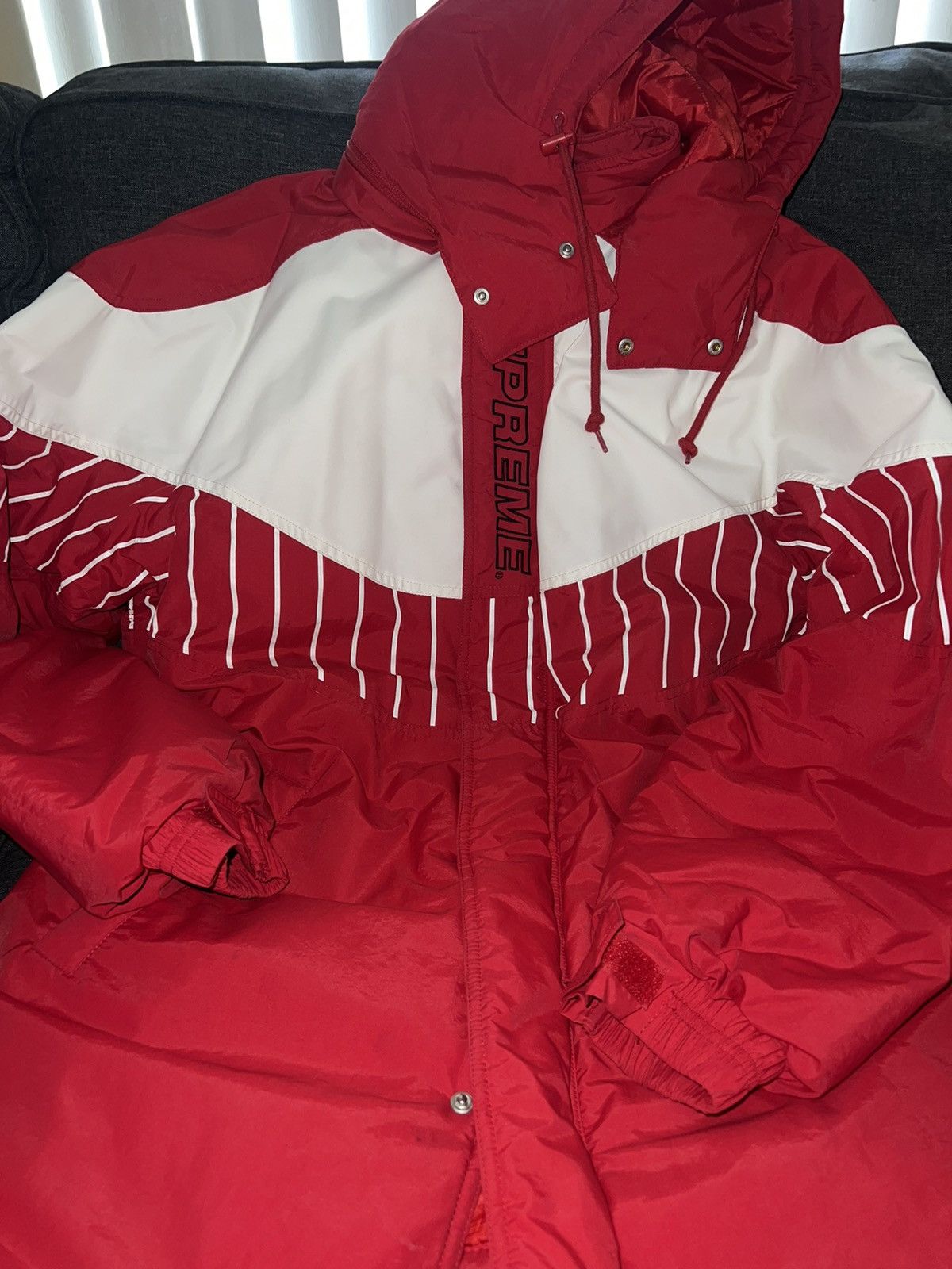 image of Supreme Pinstripe Panel Sports Parka in Red, Men's (Size Small)