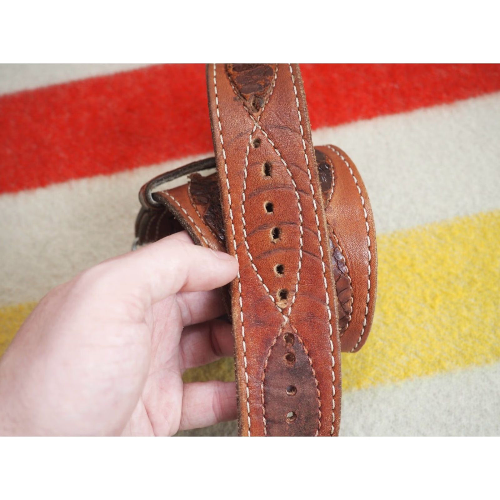 Vintage VTG Brown Leather Tooled Western Cowboy Faux Crocodile Alligator Belt 42W Unbranded Unisex Adult Leather Rockabilly Casual Size ONE SIZE - 2 Thumbnail