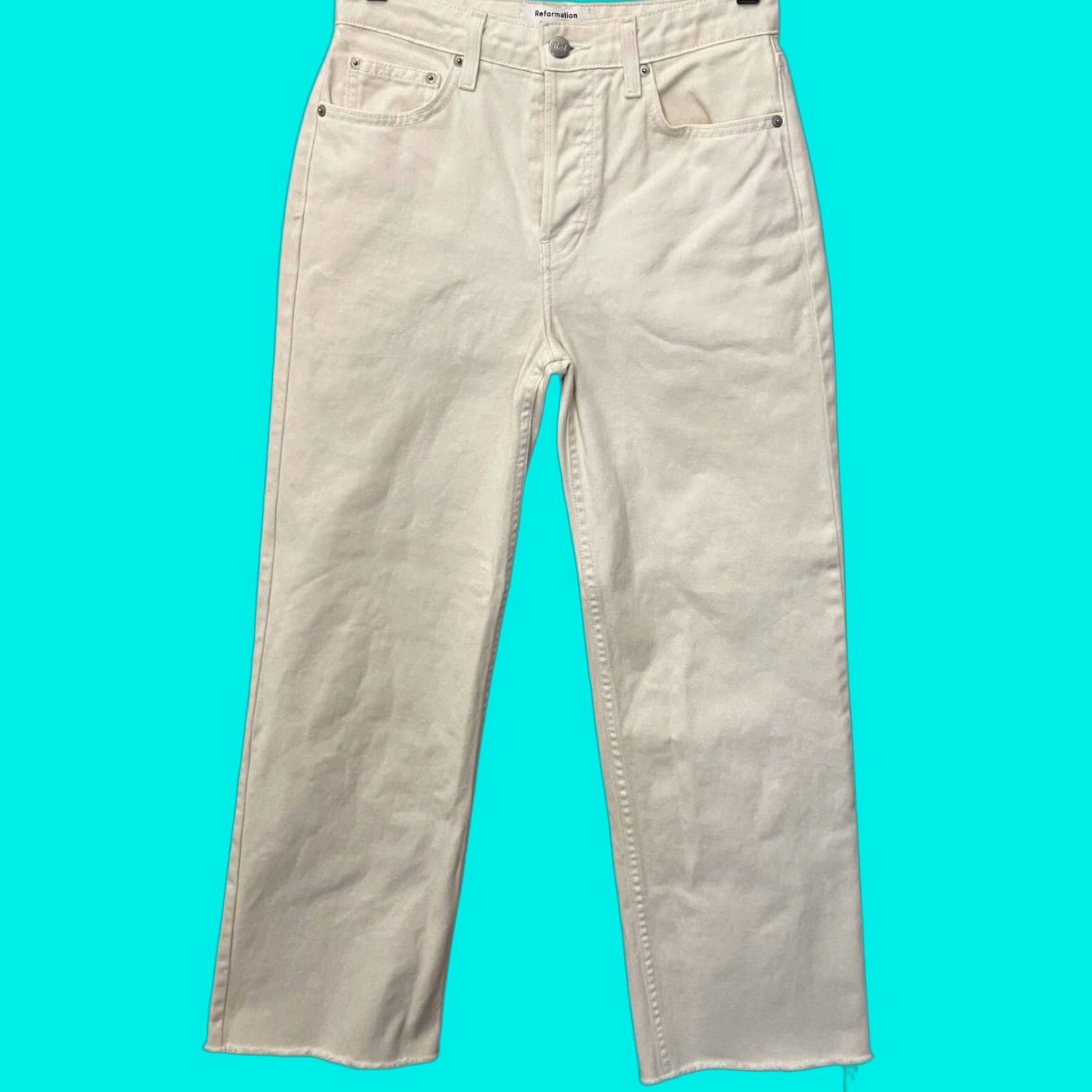Reformation VINTAGE Reformation Fawcett Straight-Leg Denim Jeans Womens 25 High-Rise Raw-Hem Ivory Cotton Retro Size 42" / US 20 - 1 Thumbnail
