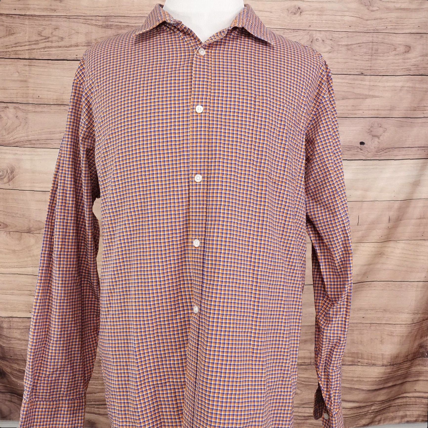 Liz Claiborne VINTAGE Claiborne Shirt Mens 2XL Long Sleeve Casual Cotton Plaid Button-Up Orange Blue Size US XXL / EU 58 / 5 - 3 Thumbnail