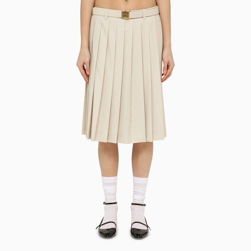 image of Miu Miu Natural-Coloured Pleated Midi Skirt In Wool in White, Women's (Size 27)