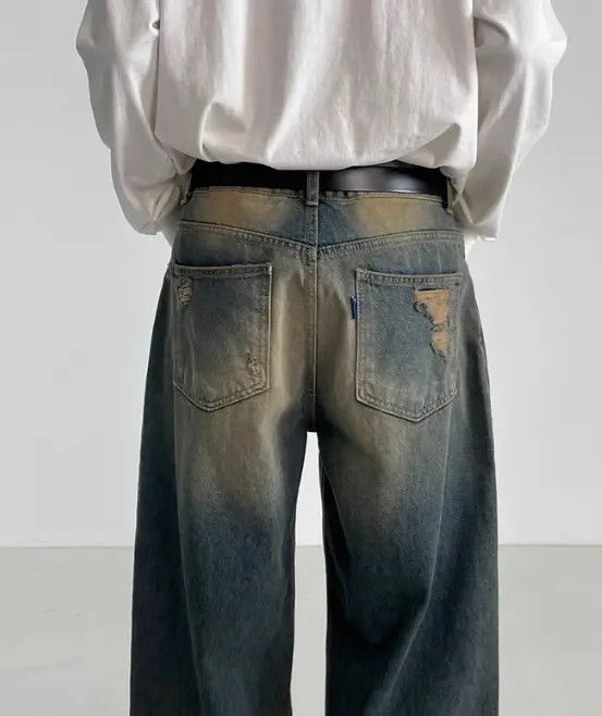 Japanese Brand Distressed washed men's loose retro straight jeans Size US 32 / EU 48 - 6 Thumbnail