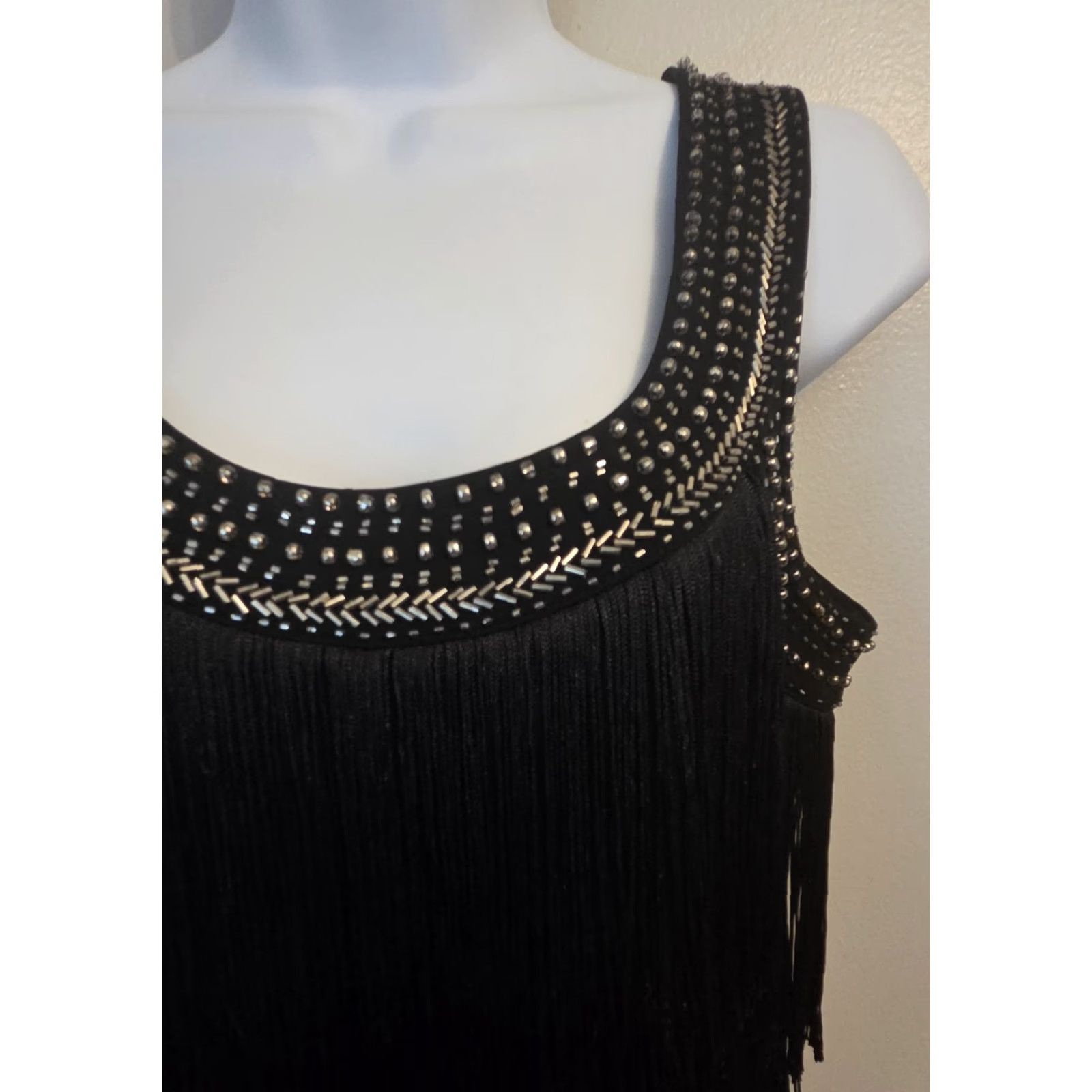 Vintage VINTAGE Cache Blouse Shirt Sleeveless Beaded Fringe Camisole Round Neck Party/Cocktail S Black S Womens 90s Glam Size S / US 4 / IT 40 - 2 Thumbnail