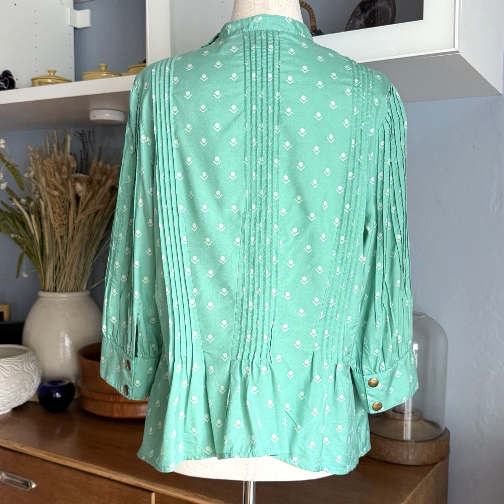 Vintage Lauren Moffett Pintuck Silk Geo Tulip Printed Blouse Teal Size M Size M / US 6-8 / IT 42-44 - 4 Thumbnail
