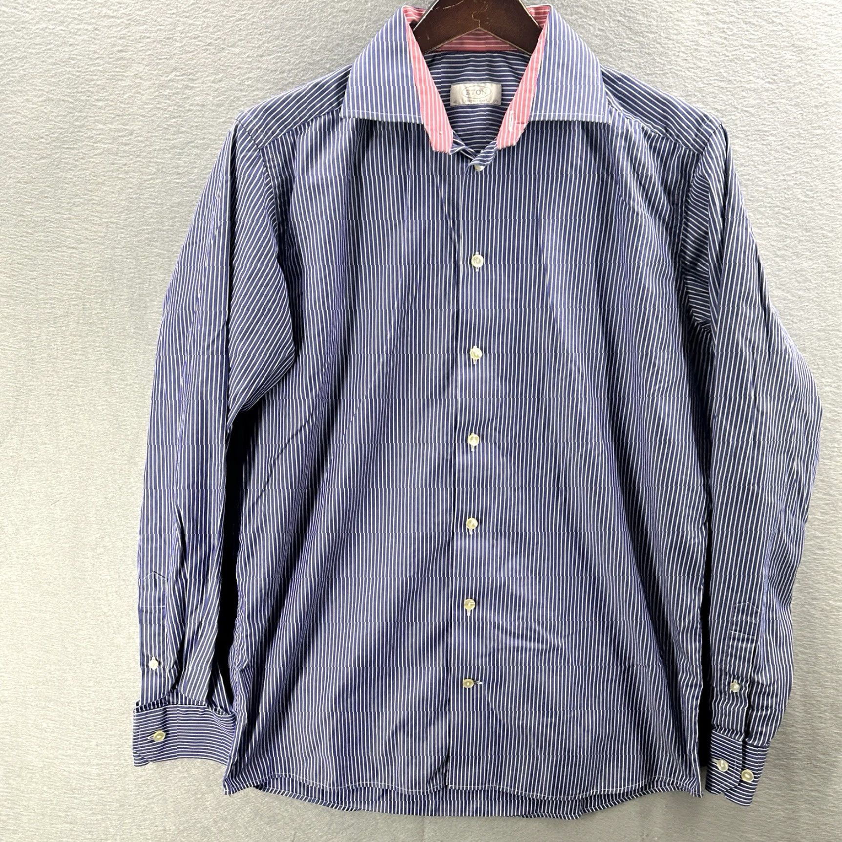 Eton Etón Dress Shirt Mens 15.5 40 15 3/4 Pink Blue Stripe Cotton Contemporary Quiet Lux Dress Shirt Mens Regular Blue Striped 40 15.5 Mens Gender: Mens Size 40R - 2 Thumbnail