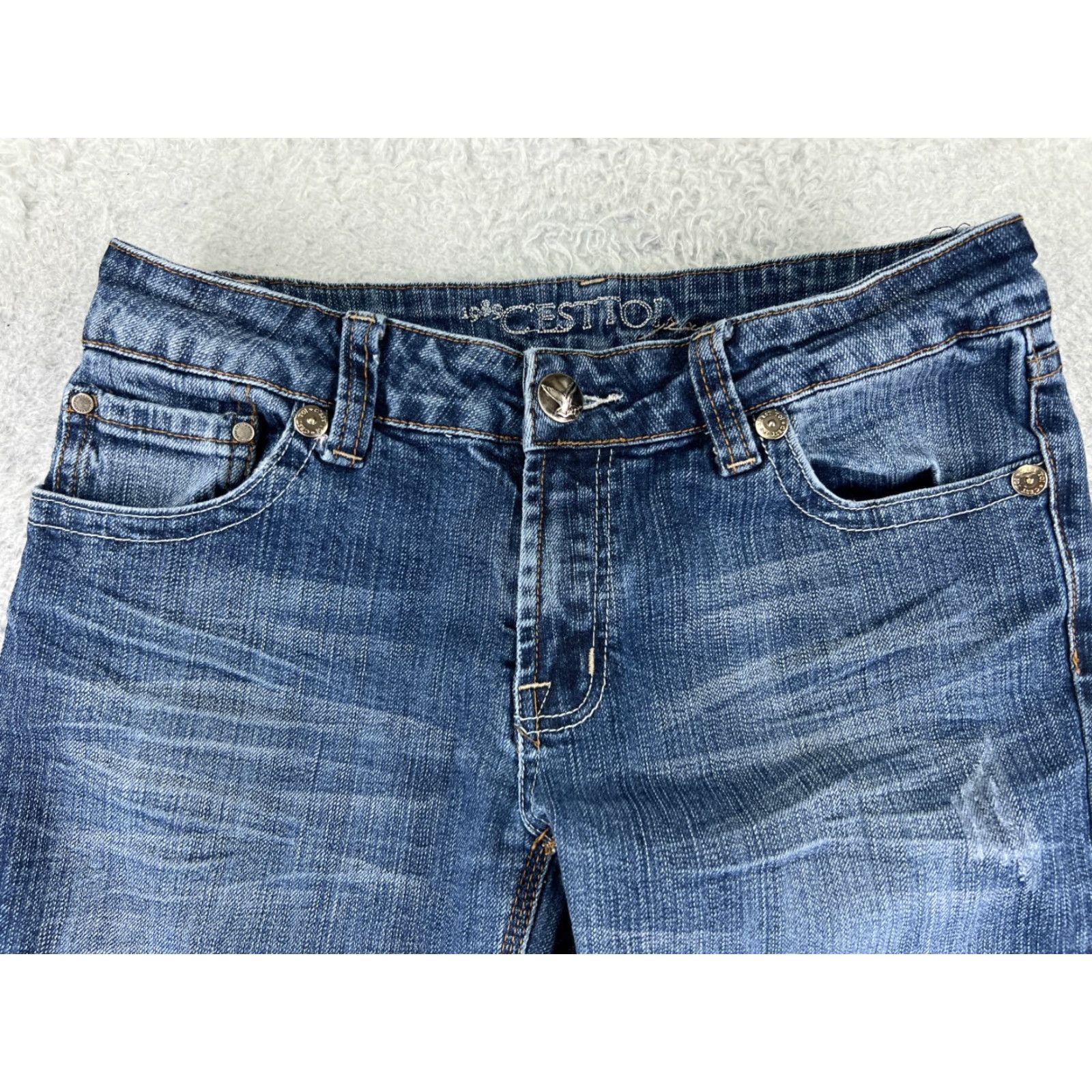 Vintage C'est Toi Jeans Womens 5 Blue Denim Straight Leg Cotton Blend Low 26x27 Jeans 5-Pocket Design Distressed Stretch Regular Size 27" / US 4 / IT 40 - 4 Thumbnail